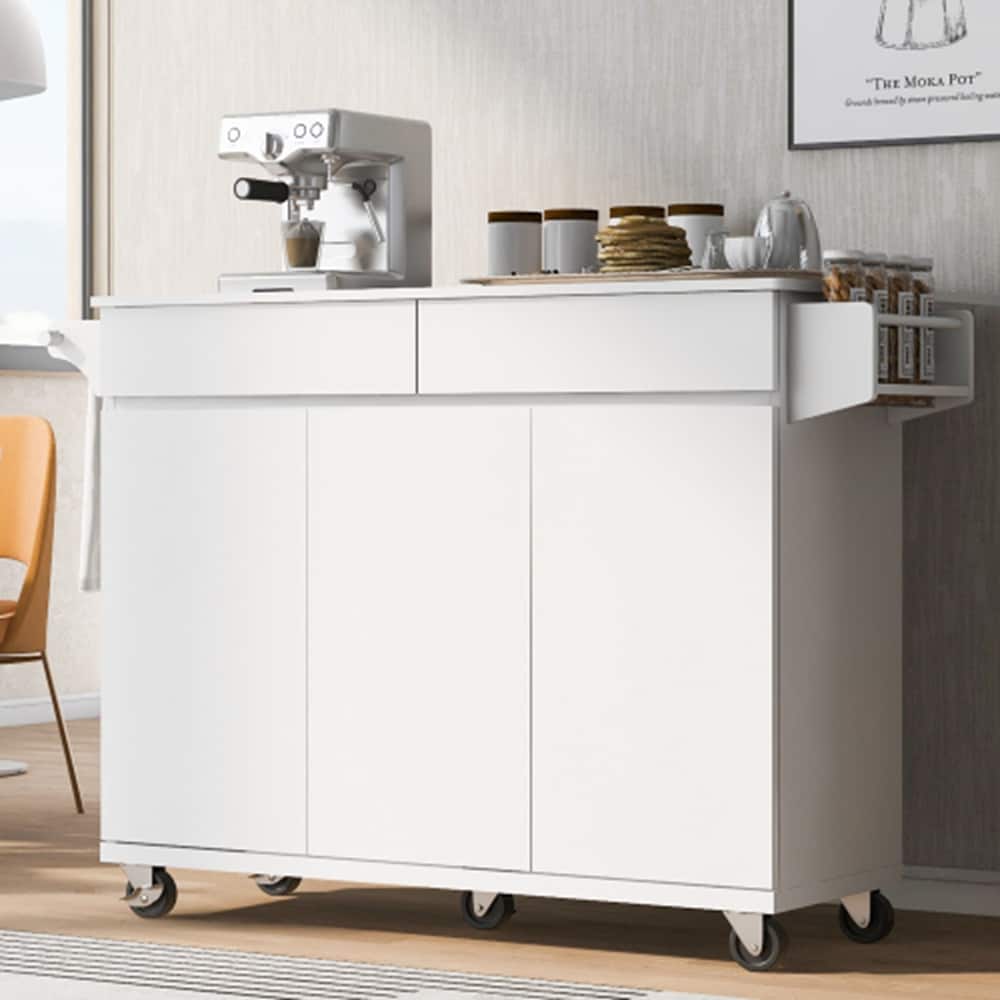 Runesay White MDF Base with MDF Wood Top Rolling Kitchen Island ( 27.56-in x 53.15-in x 36.33-in )