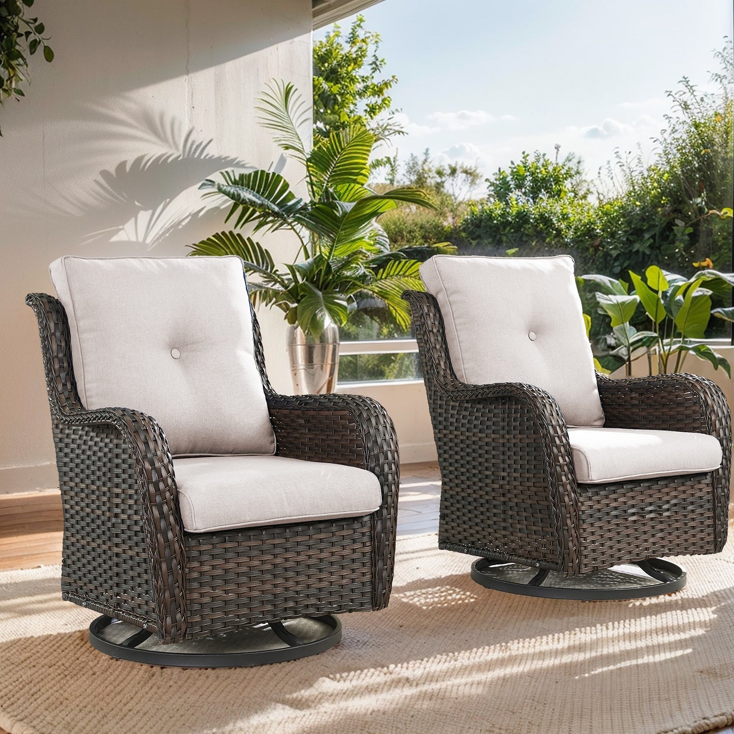 Jeehope PACHAIRS-T Set of 2 Wicker Brown Steel Frame Swivel glider Conversation Chair with Beige Cushioned Seat