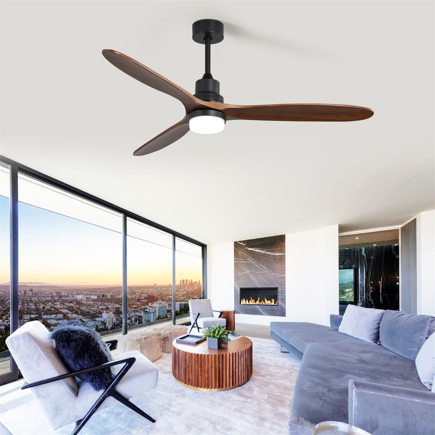 BABOOM Noiseless Ceiling Fan 60-in Brown with Solid Wood Blades Color-Changing Integrated LED Ceiling Fan With Light and Remote Included 3 -Blade