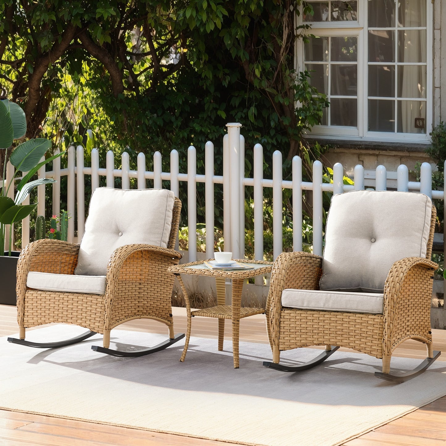 Jeehope PACHAIRS-T Set of 2 Wicker Yellow Steel Frame Conversation Chair with Beige Cushioned Seat