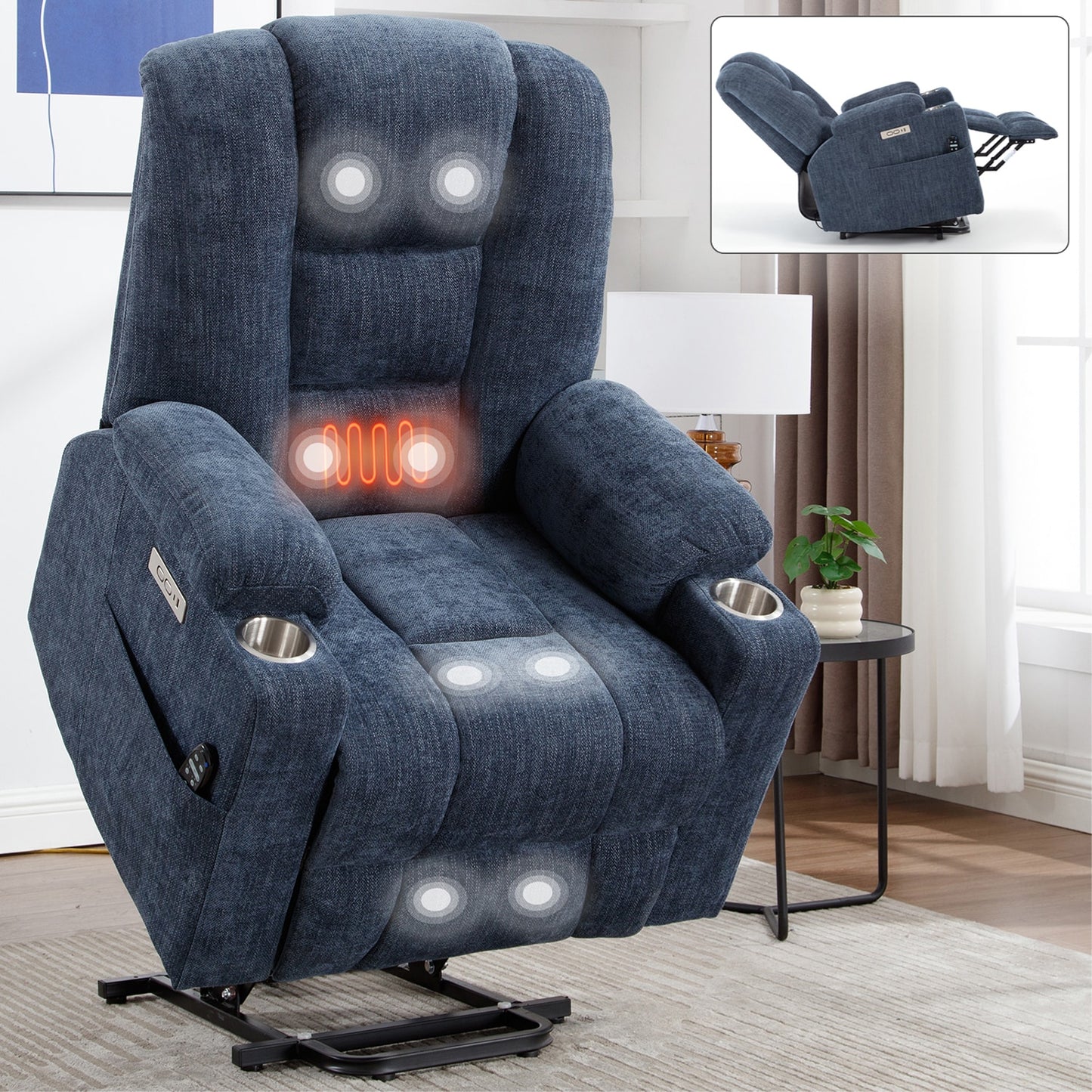 GZMR Electric Massage Heating Power Lift Recliner Chair Dark Blue Chenille Powered Reclining Recliner with Lift Assistance
