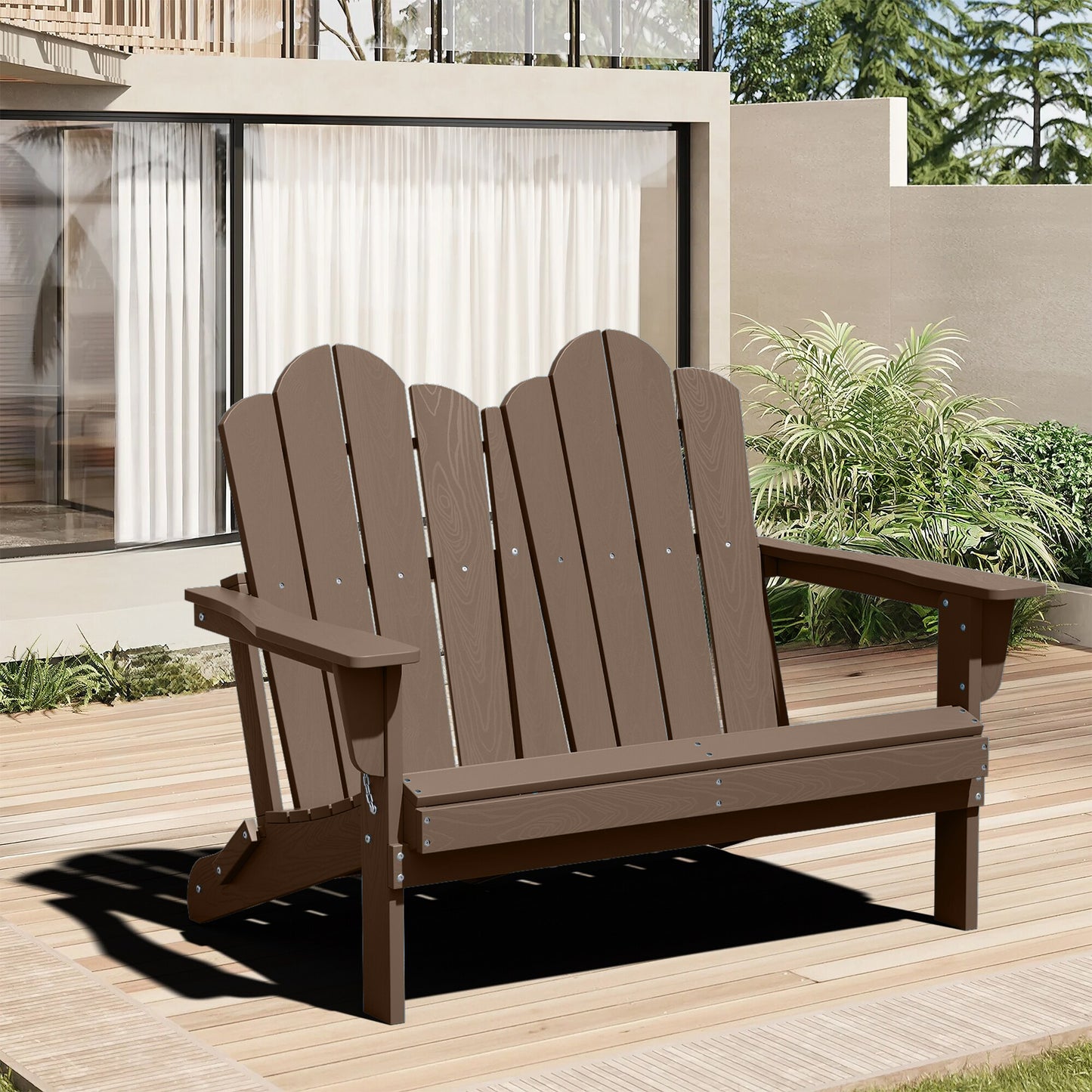 JEAREY 2-Seater HDPE Adirondack Chair Brown HDPE Frame Stationary Conversation Chair with Slat Seat