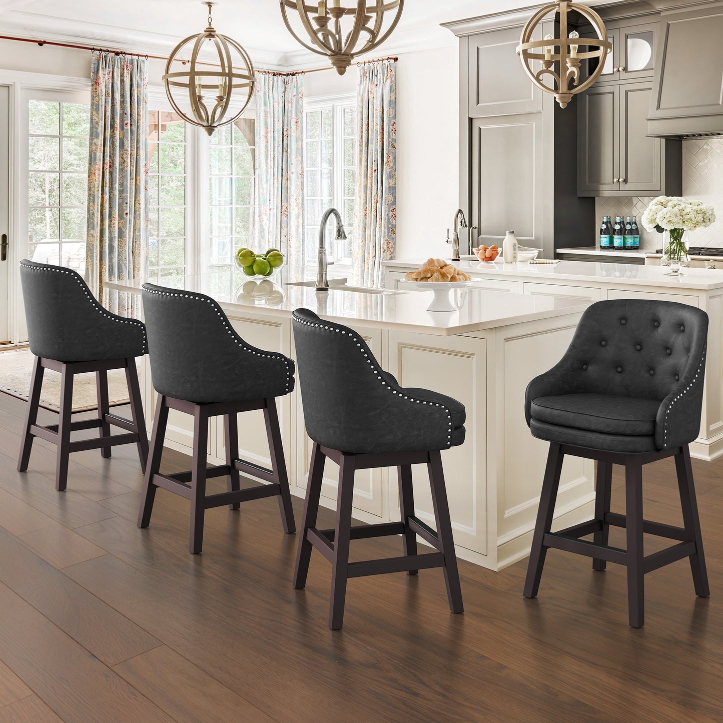 LUE BONA Black/Faux leather 26.5-in H Counter height Upholstered Swivel Wood Bar Stool 4 -Pack