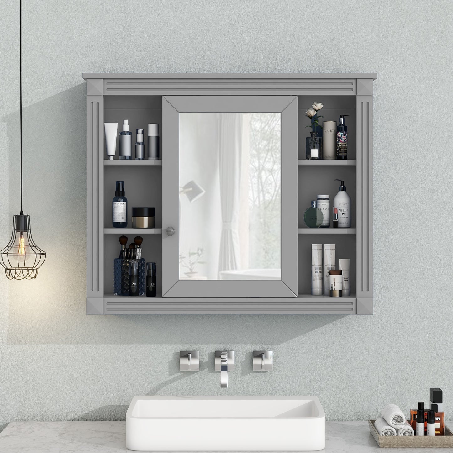 Forclover CM 35-in x 28-in Surface Mount Grey Mirrored Rectangle Soft Close Medicine Cabinet