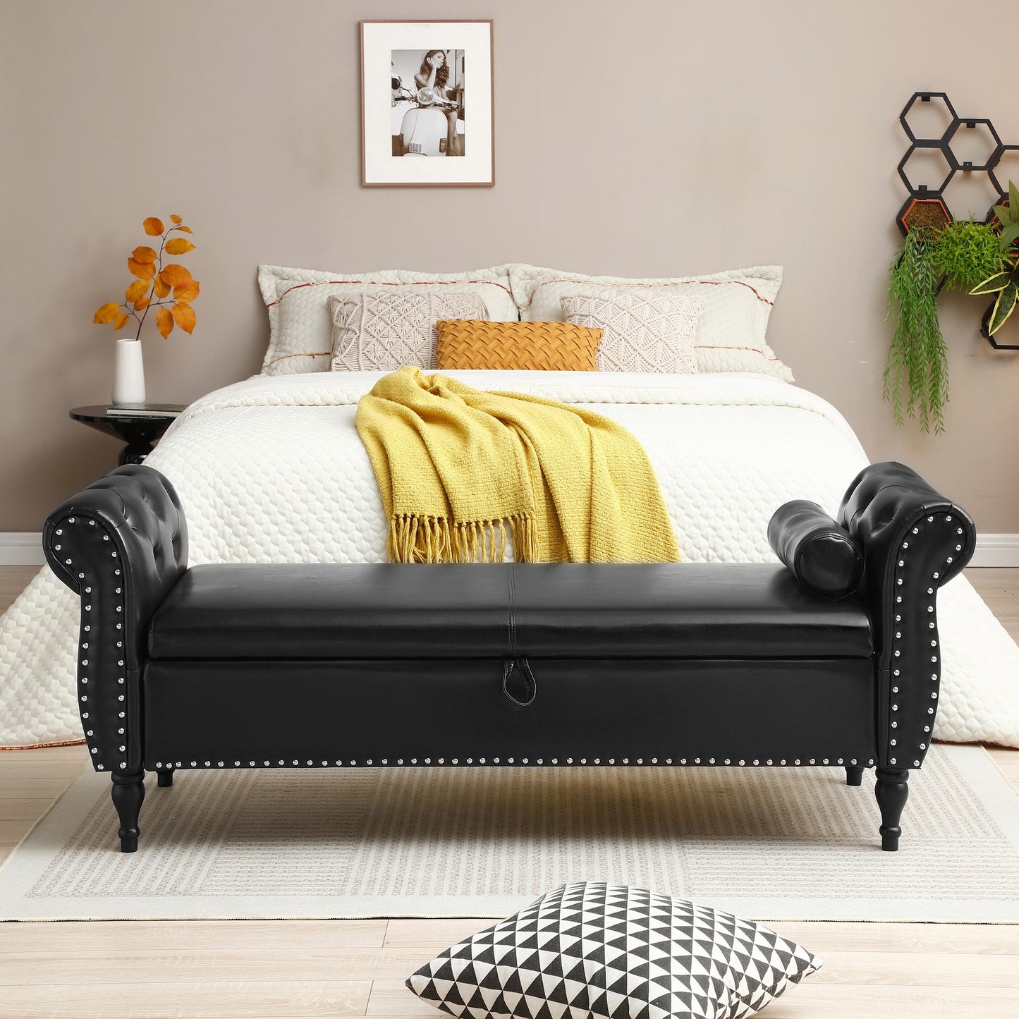 Lycvki Casual Black Storage Bench with Storage 63-in x 10-in x 24-in