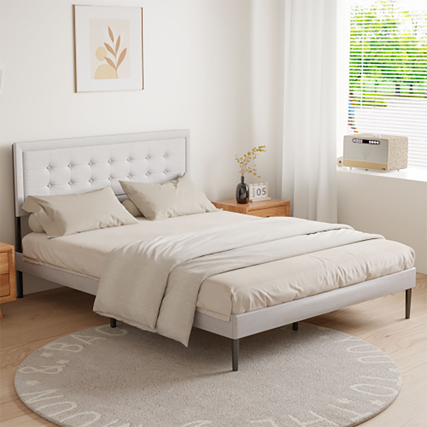 GZMR Queen Ivory White Metal Bed Frame with Headboard