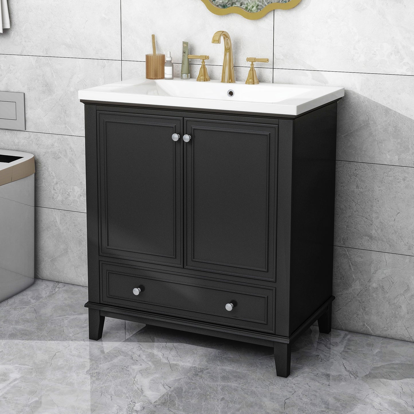 WELLFOR Assembly Required 30-in Black Undermount Single Sink Bathroom Vanity with White Ceramic Top