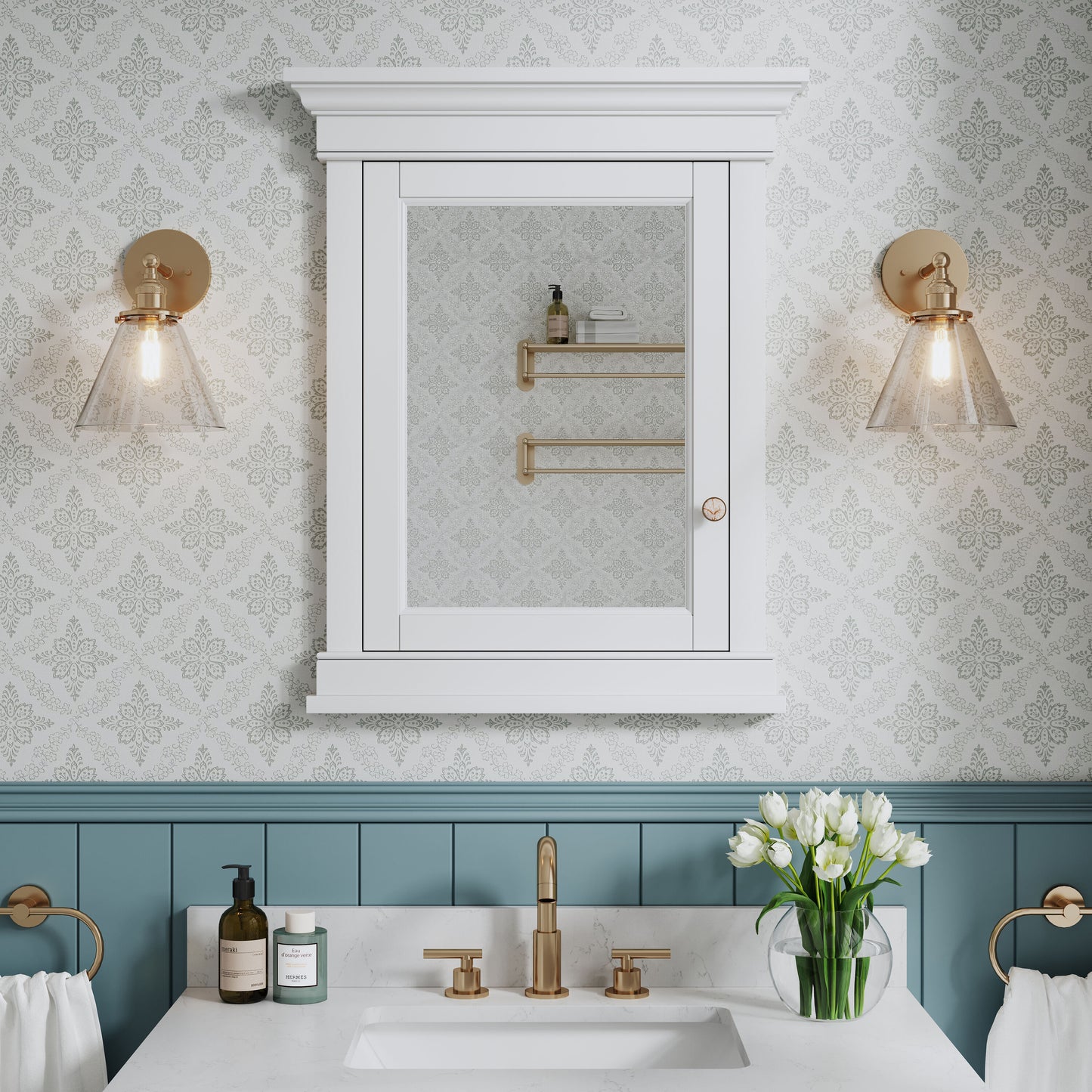 WELLFOR GRACE Solid Wood 26-in x 32-in Recessed Mount White Mirrored Rectangle Soft Close Medicine Cabinet