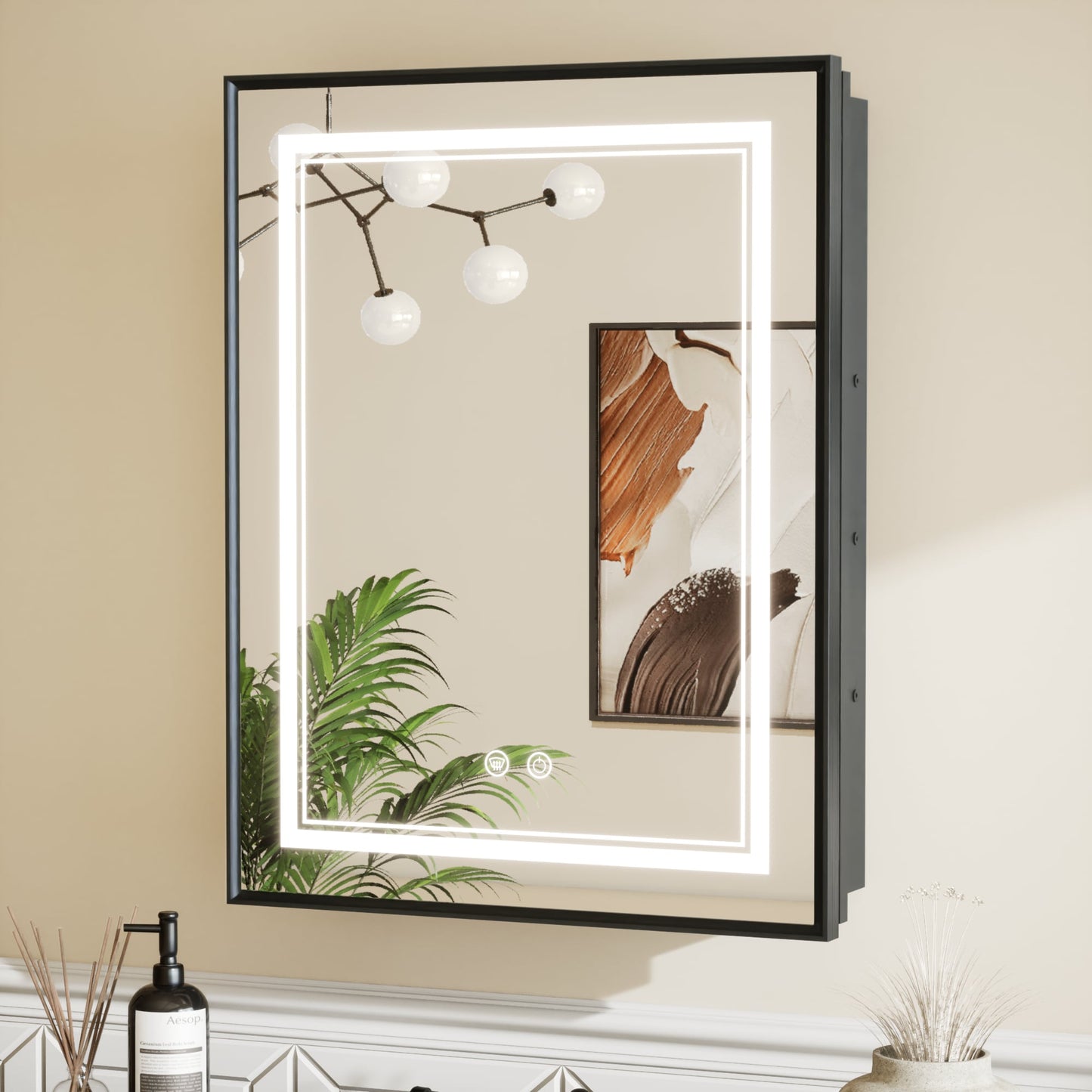 Keonjinn Led Medicine Cabinet Mirror 20-in x 26-in Lighted LED Fog Free Surface/Recessed Mount Matte Black Mirrored Rectangle Soft Close Medicine Cabinet with Outlet