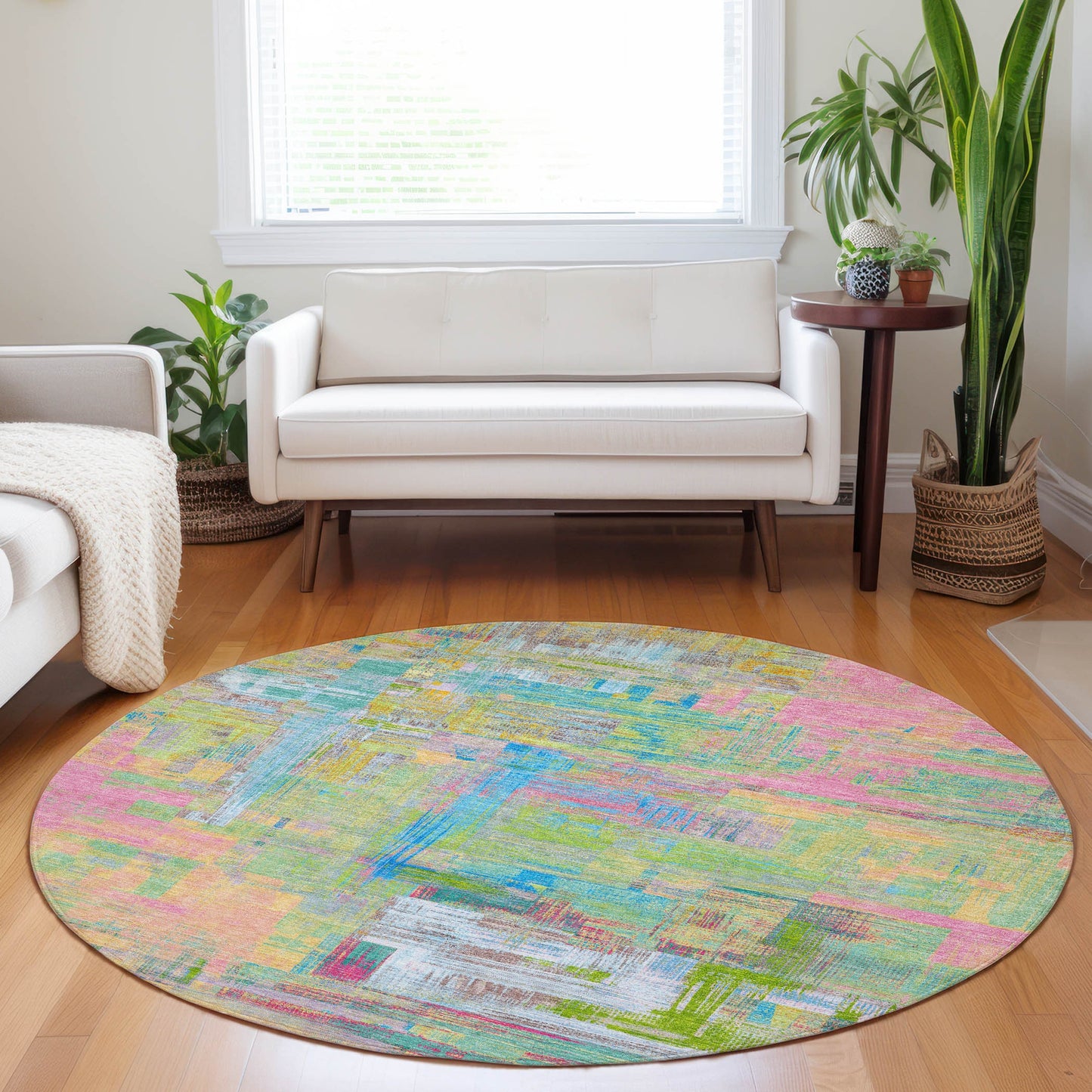 Addison Rugs Chantille ACN1342PI 8 x 8 (ft) Polyester Pink Round Indoor/Outdoor Geometric Machine washable Pet Friendly Area rug