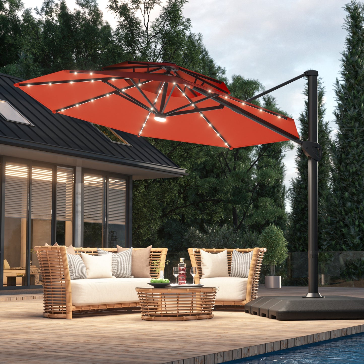 ACEGOSES 11-ft Aluminum Red No-tilt Cantilever Patio Umbrella with Lights with Base
