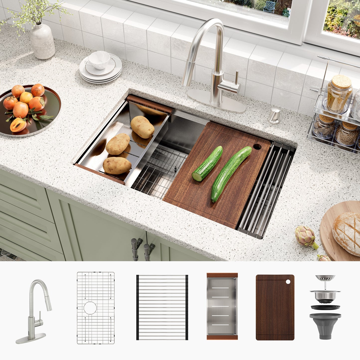 CASAINC Undermount 30-in x 19-in Stainless steel Single bowl 18 -Gauge Workstation Kitchen Sink All-in-One Kit with Drainboard