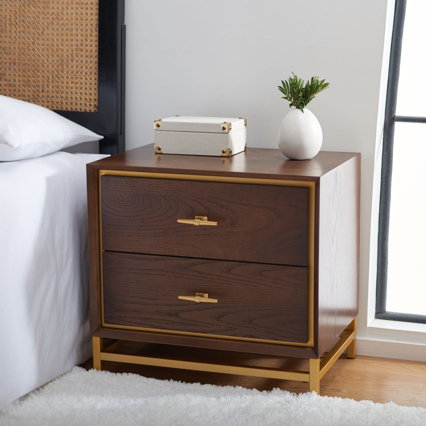 Safavieh Walnut/Brass Oak 2 -Drawer 23-in W x 21.5-in H Modern Nightstand