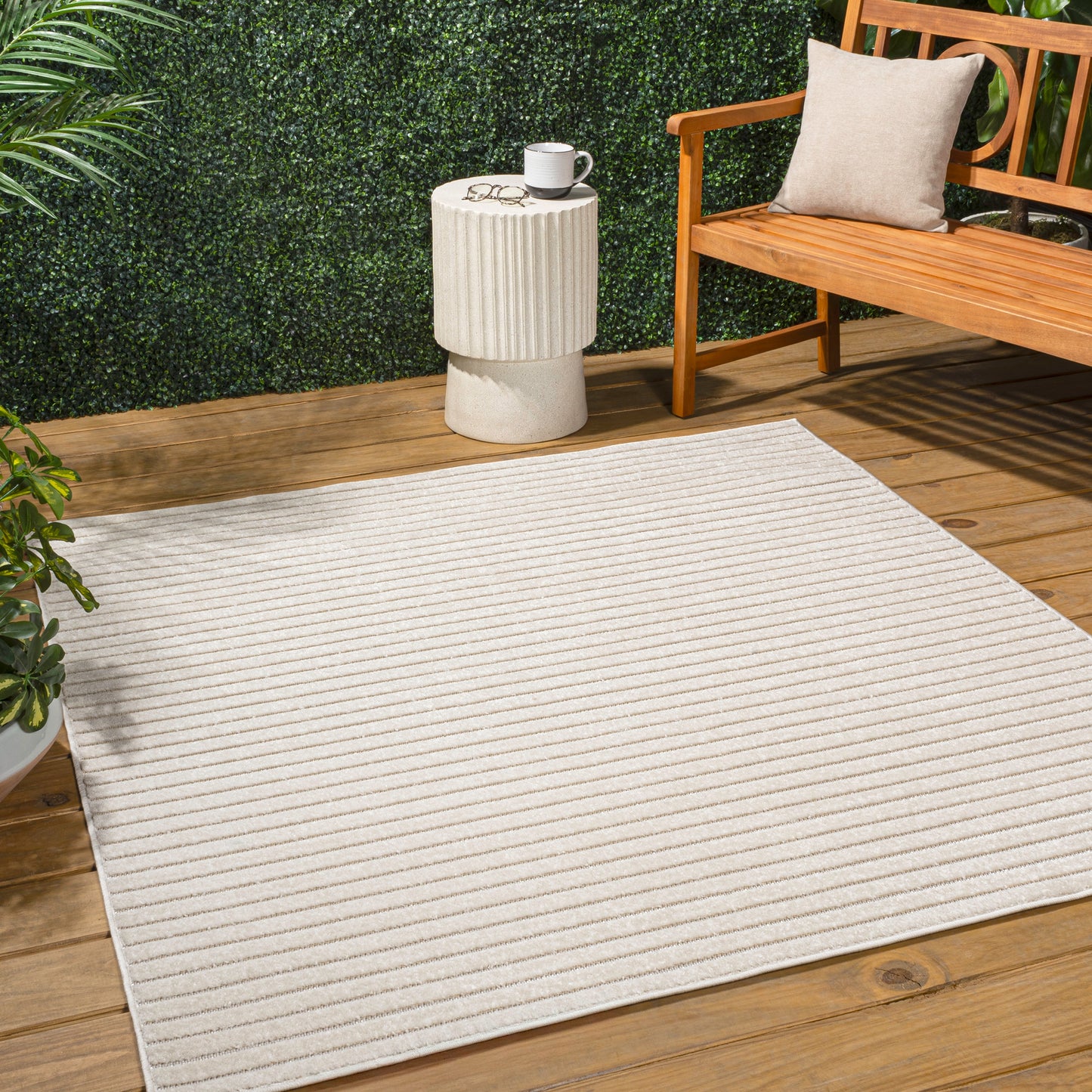 JONATHAN Y SCANDINAVIAN Aarhus High-Low Minimalist Scandi Striped 9 x 9 (ft) Loomed Polypropylene Ivory/Cream Square Indoor/Outdoor Stripe Mid-Century Modern House Wahable Pet Friendly Area rug