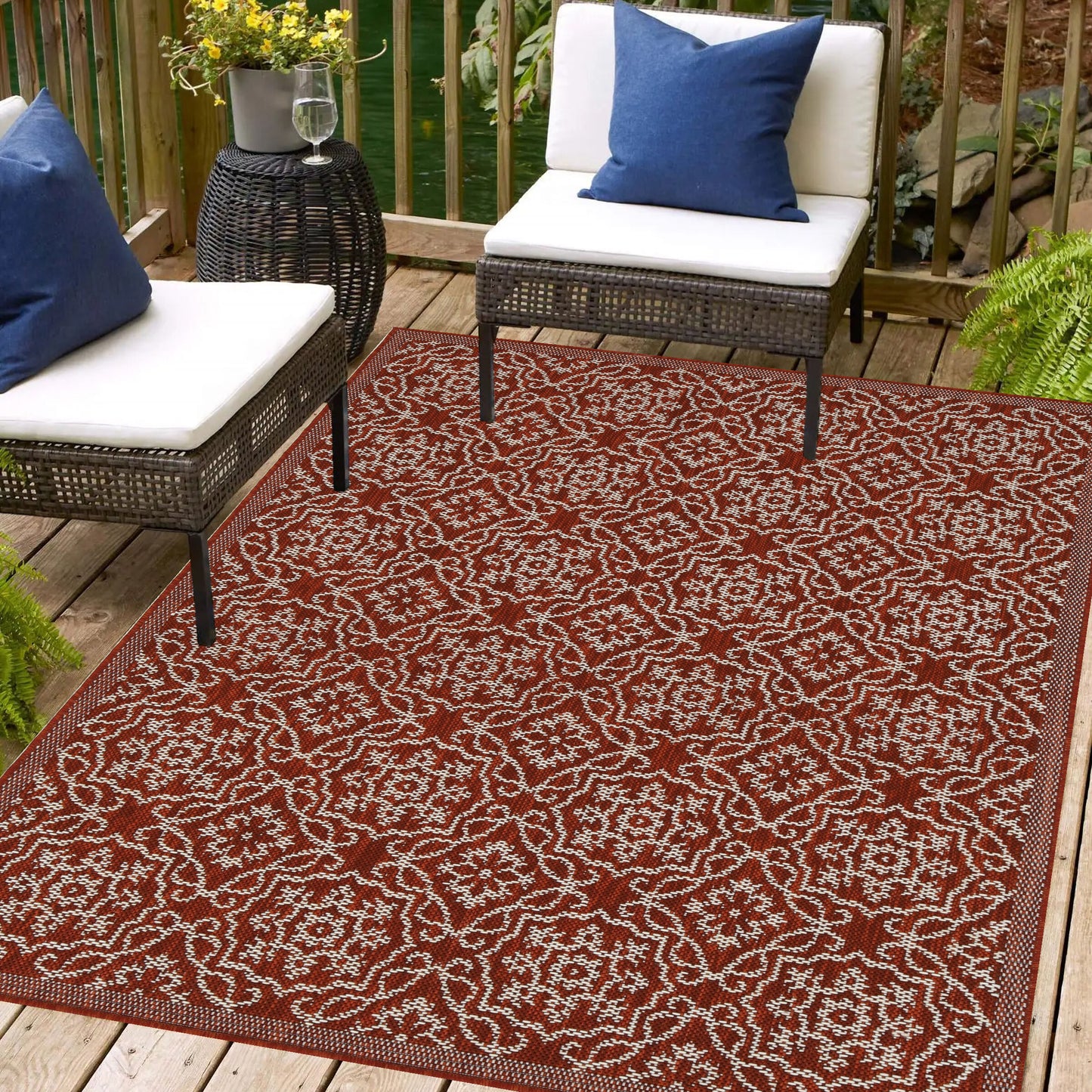 Playa Rug 9 x 12 (ft) Loomed Polypropylene Eliza-Red Ivory Rectangular Indoor/Outdoor Damask Machine washable Pet Friendly Area rug