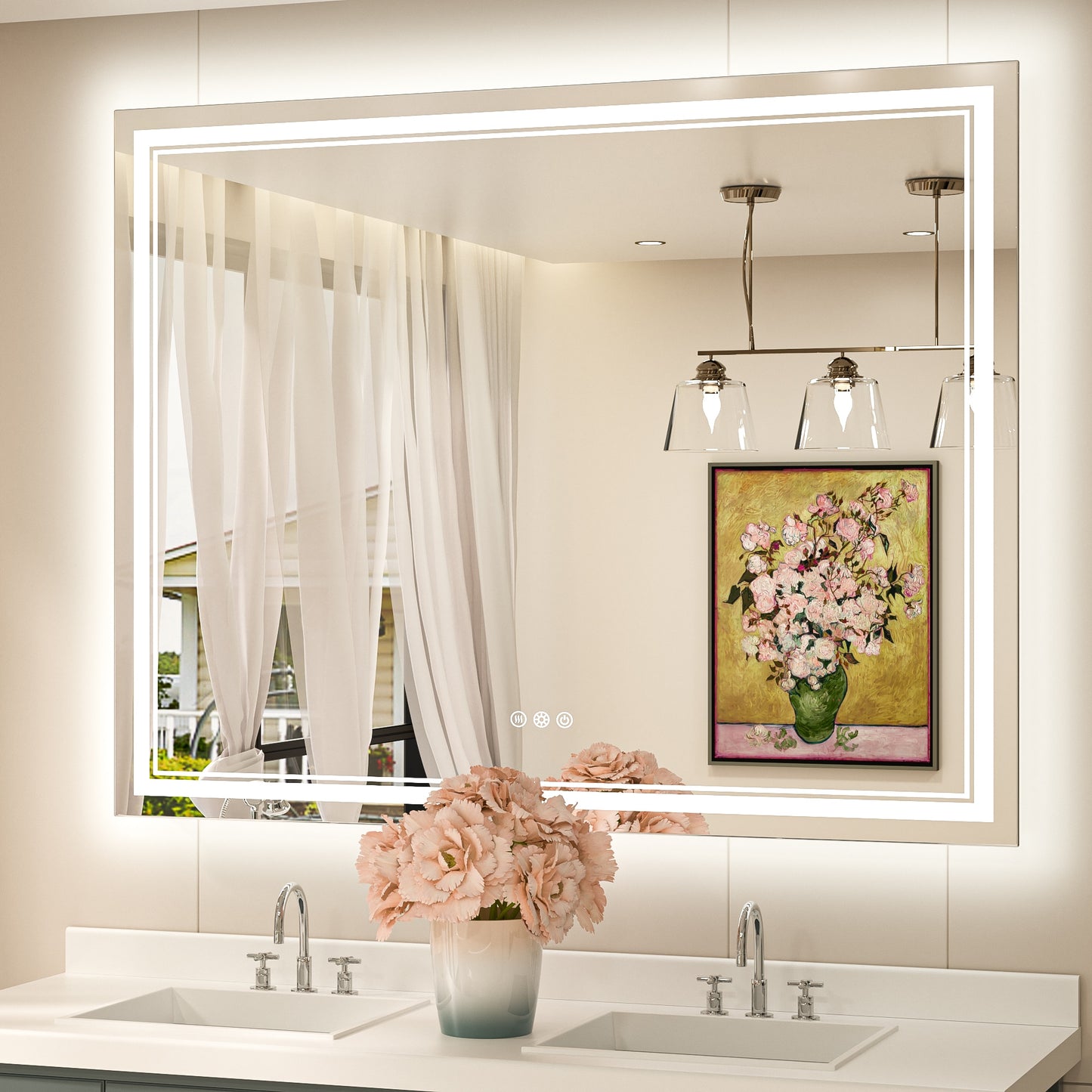 Keonjinn Lighted Mirror 48-in x 40-in Polished Frameless Rectangle Dimmable LED Lighted Fog Free Bathroom Vanity Mirror ( Silver )