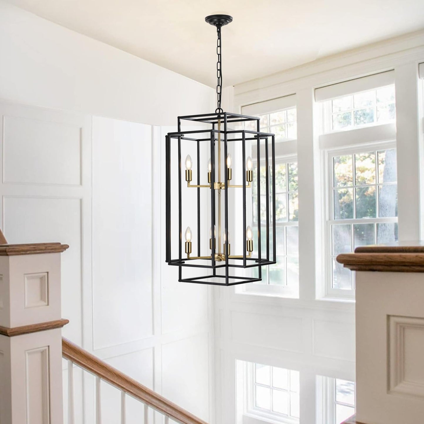 Bayfeve Geometric Metal Frame Chandeliers 8 -Light Matte Black Vintage Cage For Use in Bedrooms, Dining Rooms, Foyers, Kitchens, Living Rooms Chandelier