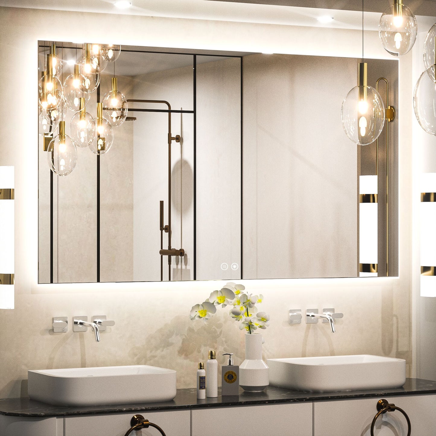 Keonjinn Backlit Bathroom Mirrors Tempered Glass 60-in x 36-in Polished Frameless Rectangle Dimmable LED Lighted Fog Free Bathroom Vanity Mirror ( Bright White )