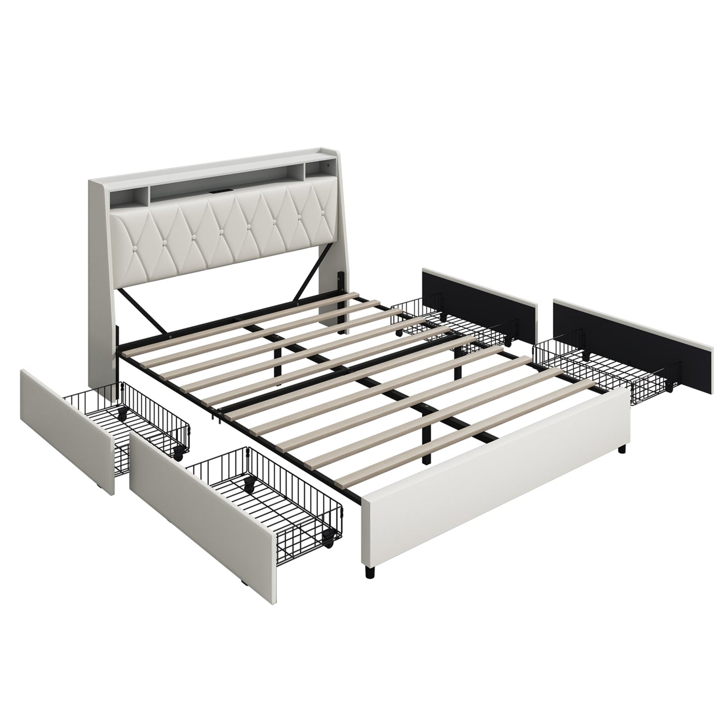 SINOFURN Queen White Faux Leather Tufted Bed Frame Storage with Headboard