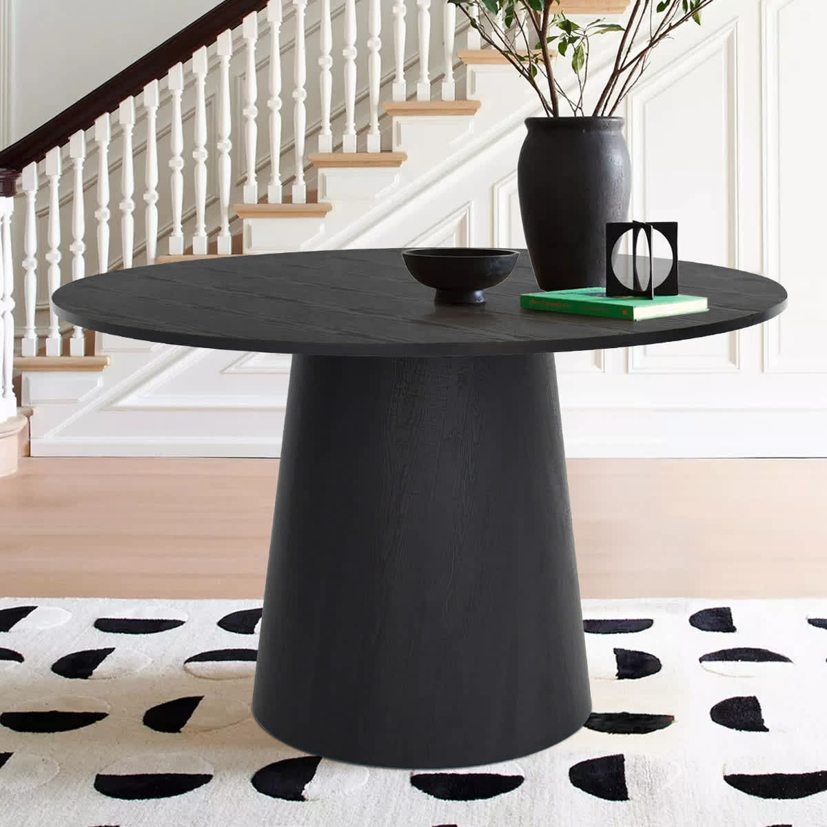 Maison Boucle 46 Inch Round Black Dining Table with Pedestal Base and Textured Wood Finish for Kitchen or Dining Room