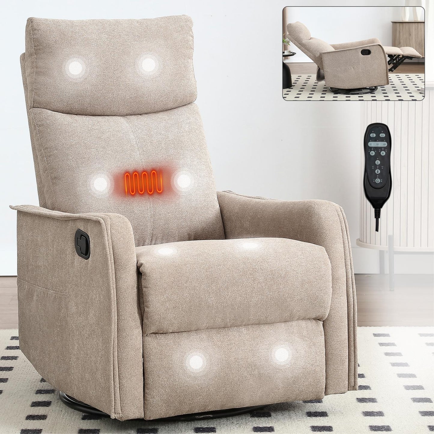 Bayfeve Recliner Chair with Rocker and Swivel Khaki Polyester Upholstered Swivel Powered Reclining Recliner