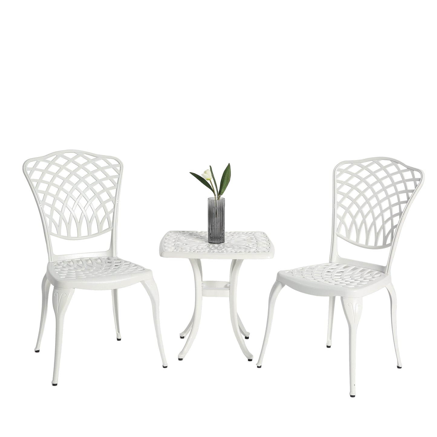 AHIOU HOME Berkeley 3 -Piece White Bistro Patio Dining Set Aluminum Square Table with 2 Stationary Chairs