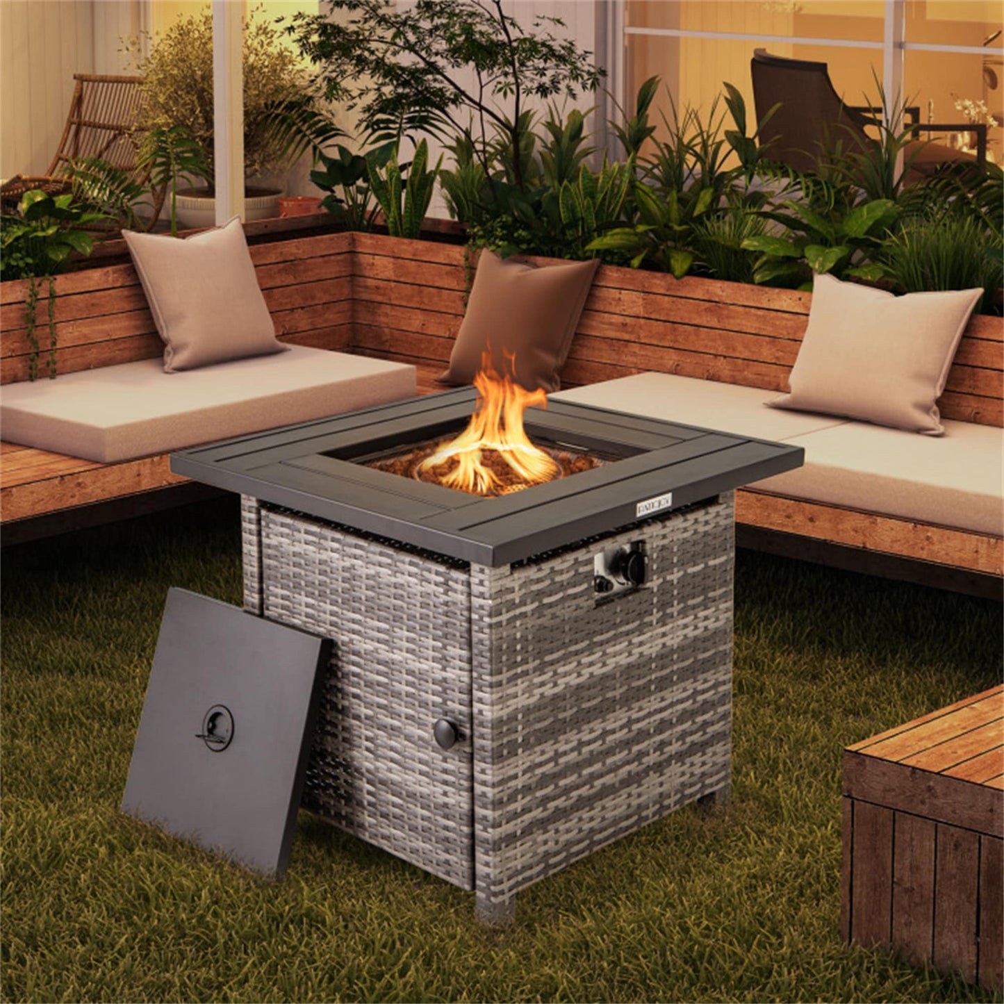 BABOOM 29-in W 50000 Maximum BTUs Wicker Square Liquid propane Fire pit table
