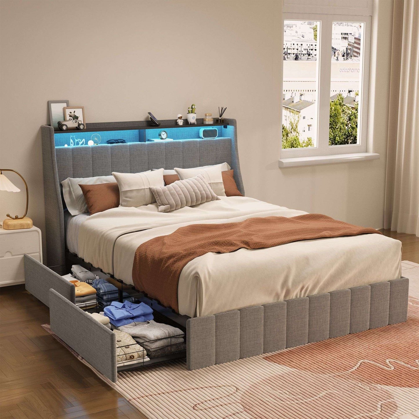Yiekholo Queen Light Gray Wood Platform Bed Storage with Headboard