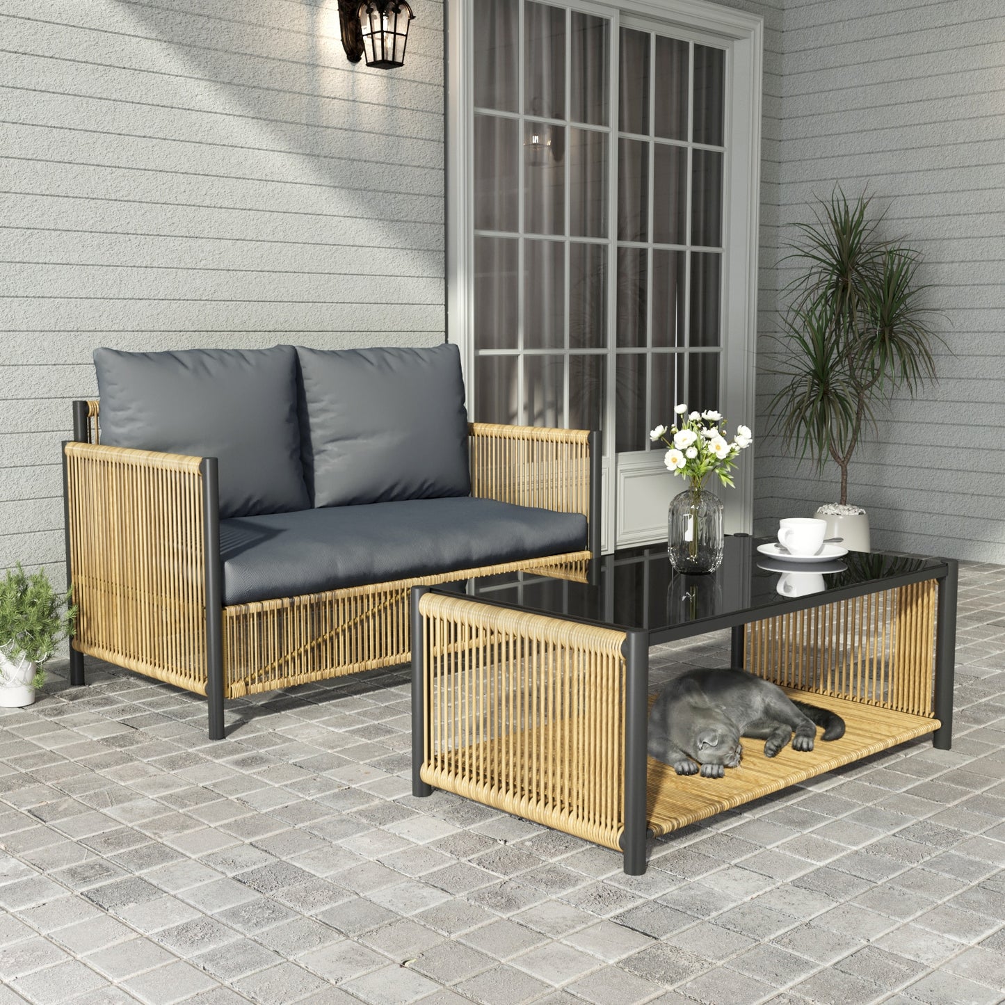 Lycvki Patio Conversation Sets 2 -Piece Patio Sofa Conversation Set with Black Cushions