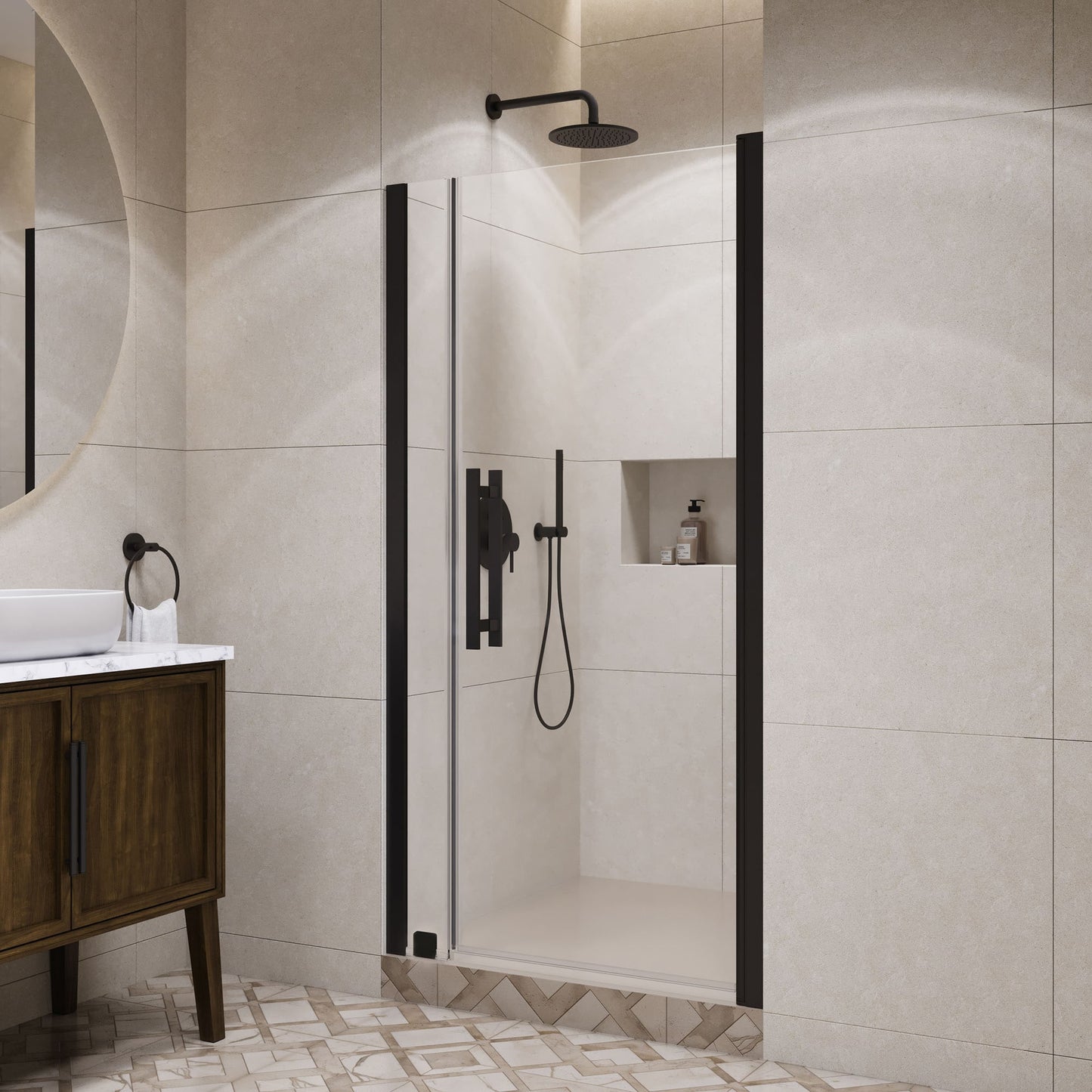 OVE Decors Pasadena Matte Black 37-7/16-in to 39-3/8-in W x 72.01-in H Frameless Clear Glass Pivot Shower door