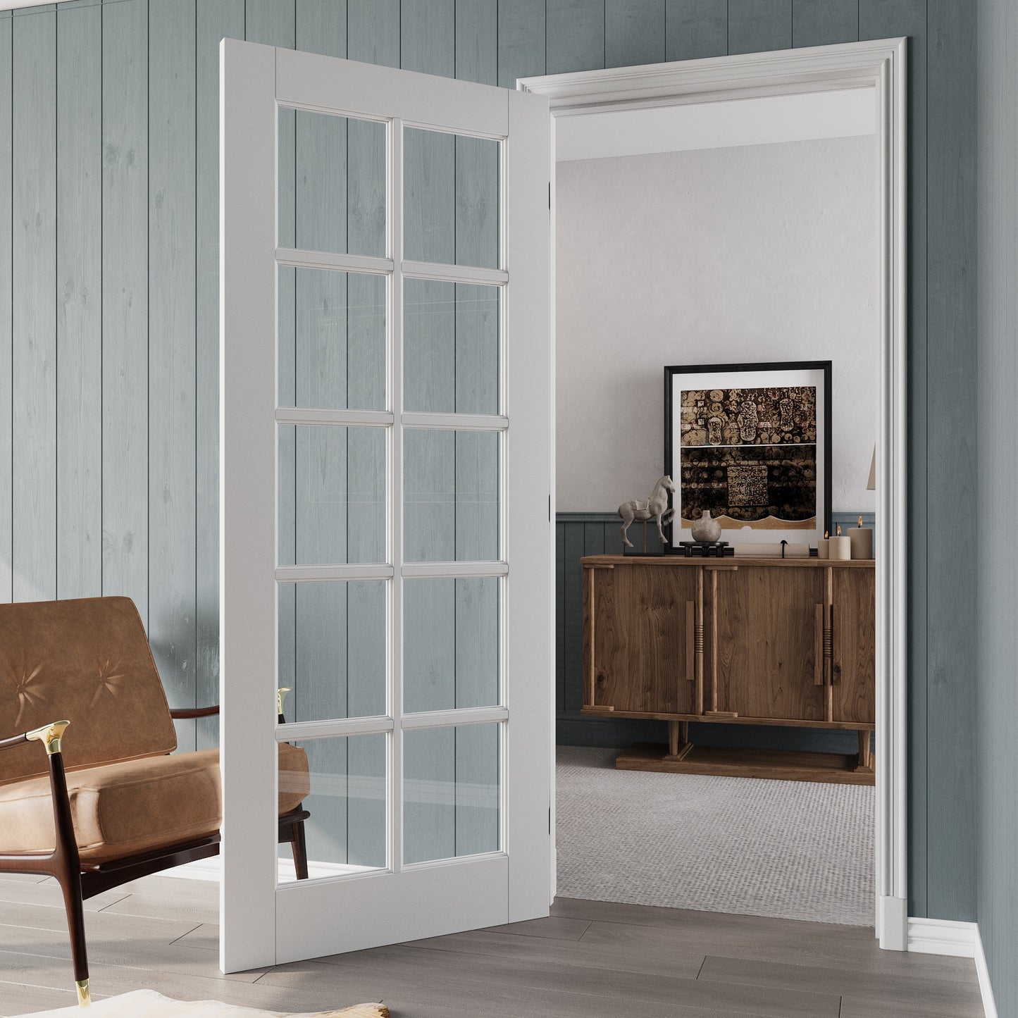 JUJUBON 30-in x 80-in White Quickly Assemble Jamb Solid core 10-panel Clear glass Right hand Smooth Prefinished MDF Flat Jamb Single Prehung Interior Door with