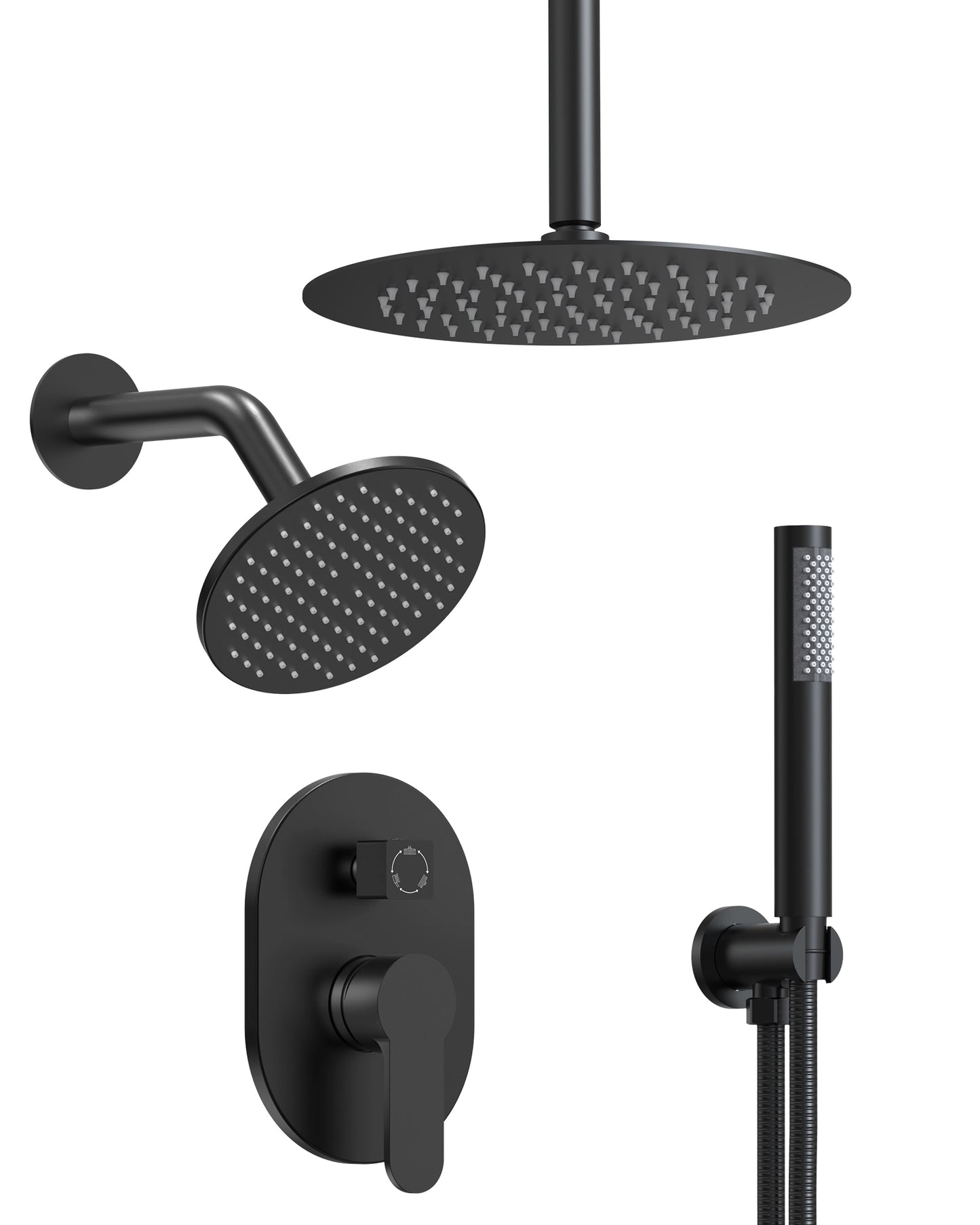 GRANDJOY ClassicRain Matte Black 1-handle 9.81-in Round Shower Faucet with Valve (Multi-head)