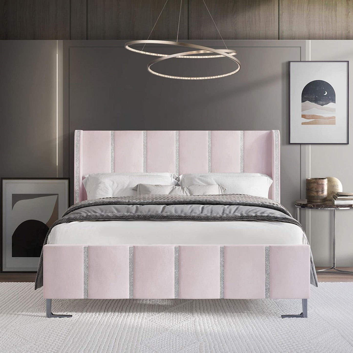 ChaletPosh Queen Light Pink Wood Tufted Upholstered Bed with Headboard