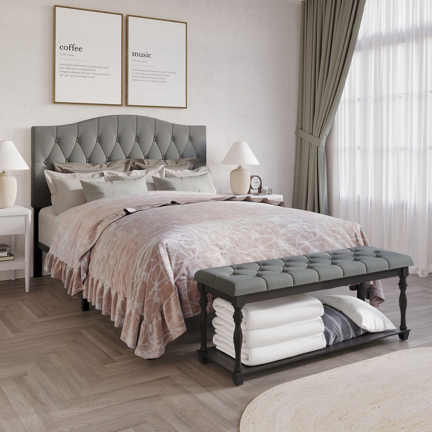 ChaletPosh King Light Grey Wood Tufted Upholstered Bed with Headboard