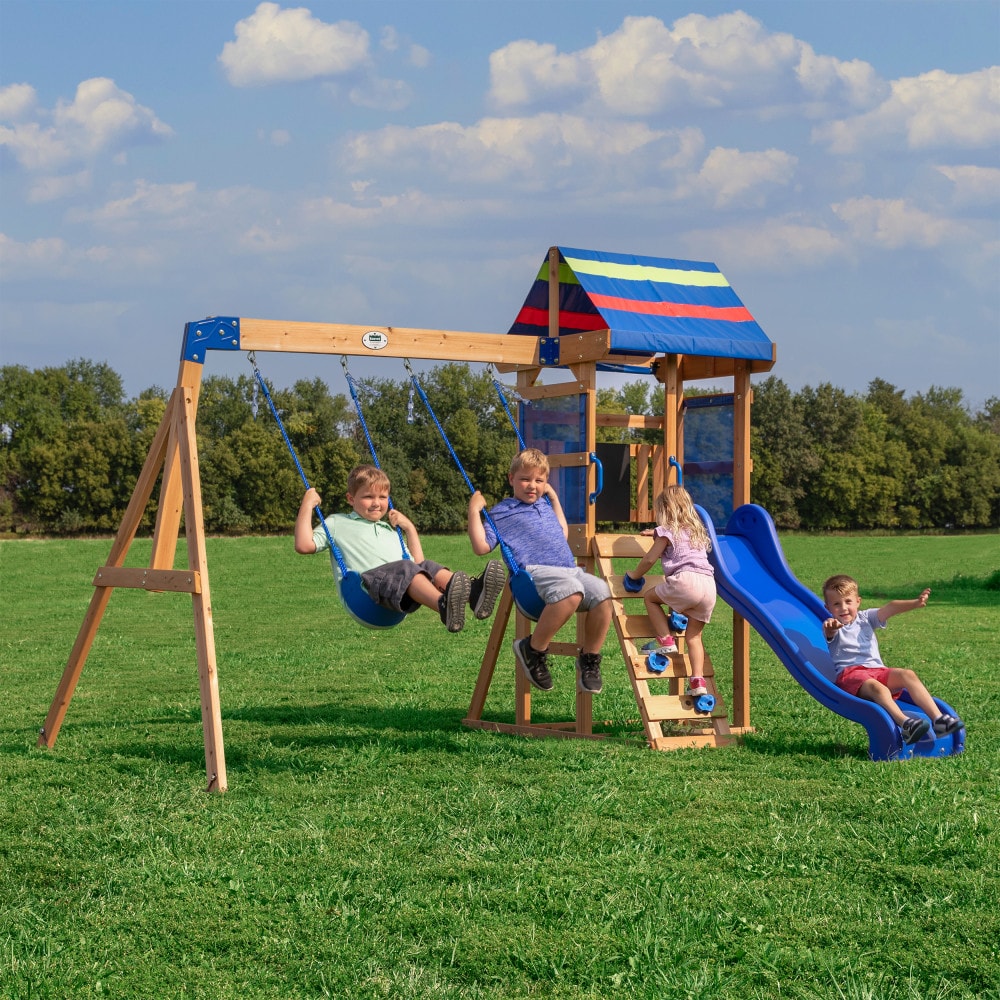 Backyard Discovery Bay Pointe Residential Wood Playset with 2 Swings and Slide Included