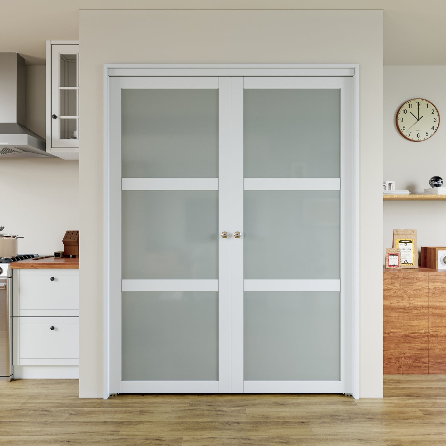 JUJUBON Closet Door 60-in x 80-in White 3-panel Frosted glass Smooth Solid core Prefinished PVC Closet Pivot Door ( Hardware Included )