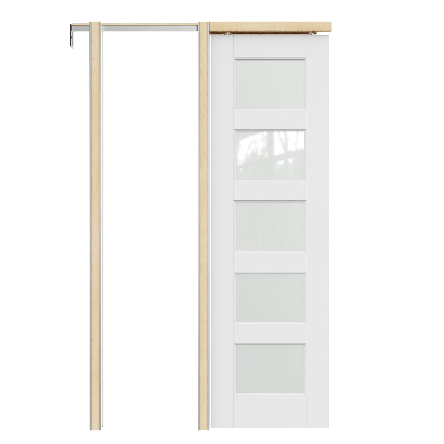 JUJUBON 28-in x 80-in Wood Pocket Door Frame with 5-Lite Glass White Primed MDF Pocket Sliding Door and Hardware Soft Close Included
