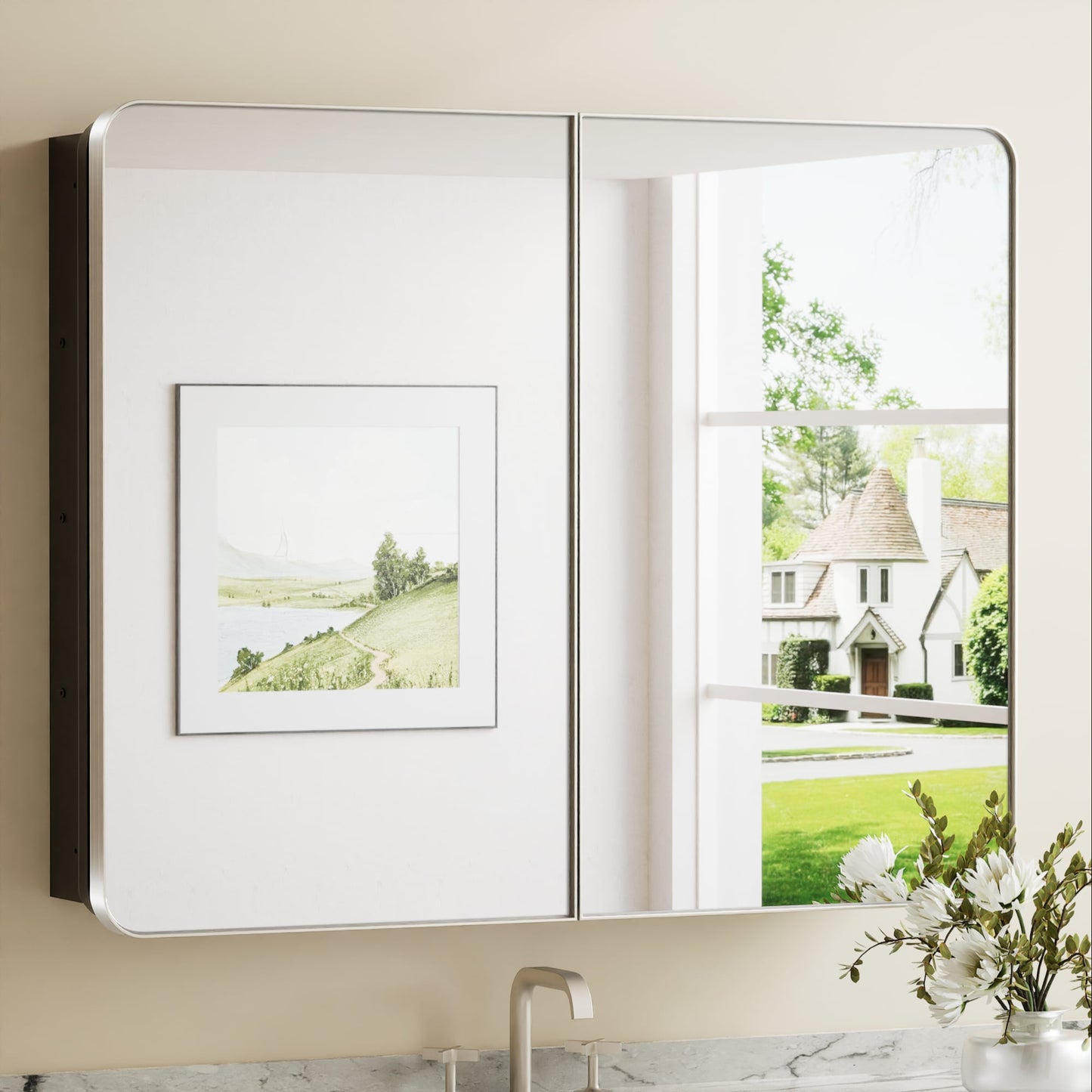 Keonjinn 40-in x 32-in Surface/Recessed Mount Brushed Nickel Mirrored Rectangle Soft Close Medicine Cabinet