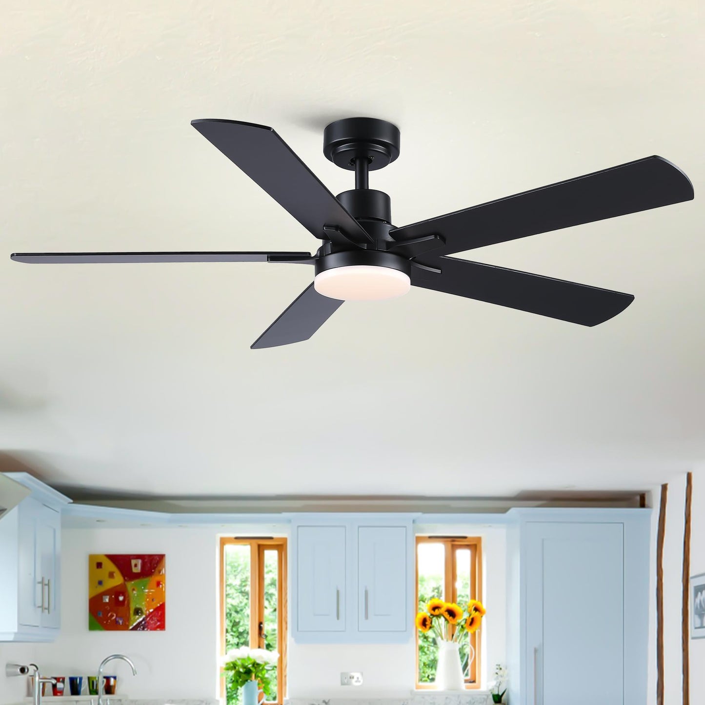 Bayfeve Adjustable Speed 52-in Black with Plywood Blades Color-Changing Integrated LED Covered Outdoor Ceiling Fan With Light and Remote Included 5 -Blade