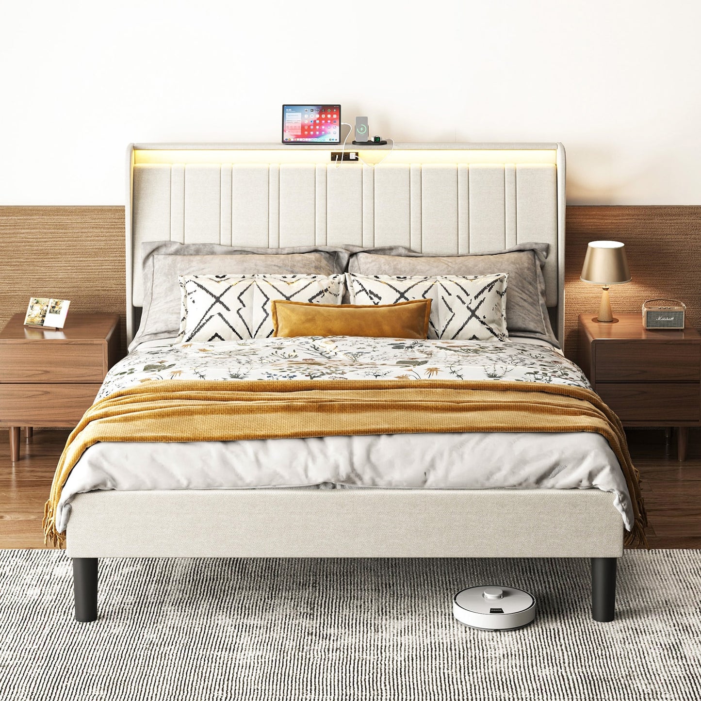 GZMR Queen Beige Metal Bed Frame with Headboard