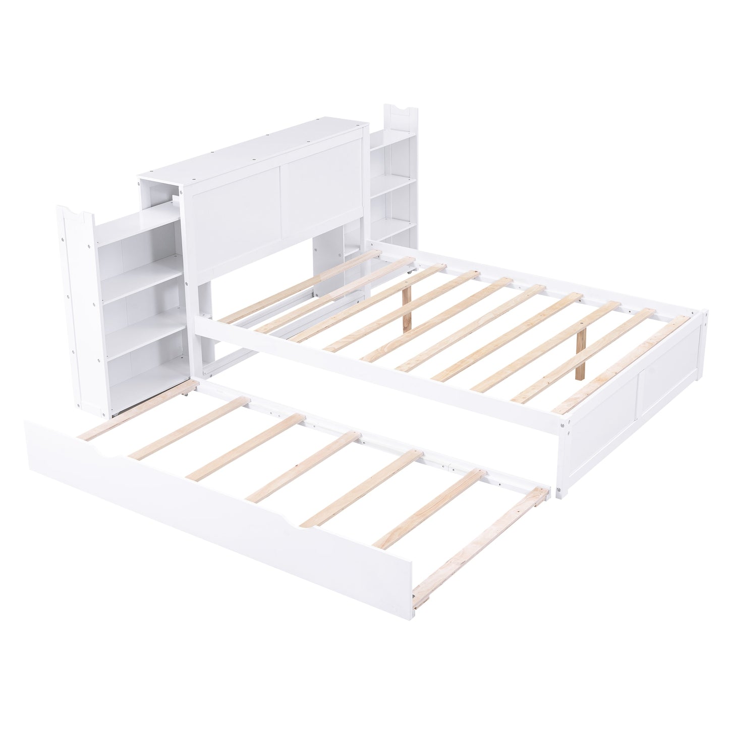 Qualler Full White Wood Trundle Bed Storage with Headboard