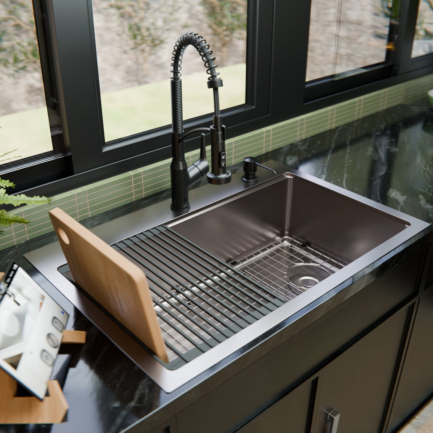 Karran Fusion Drop-in 33-in x 22-in Stainless steel Single bowl 16 -Gauge Workstation Kitchen Sink