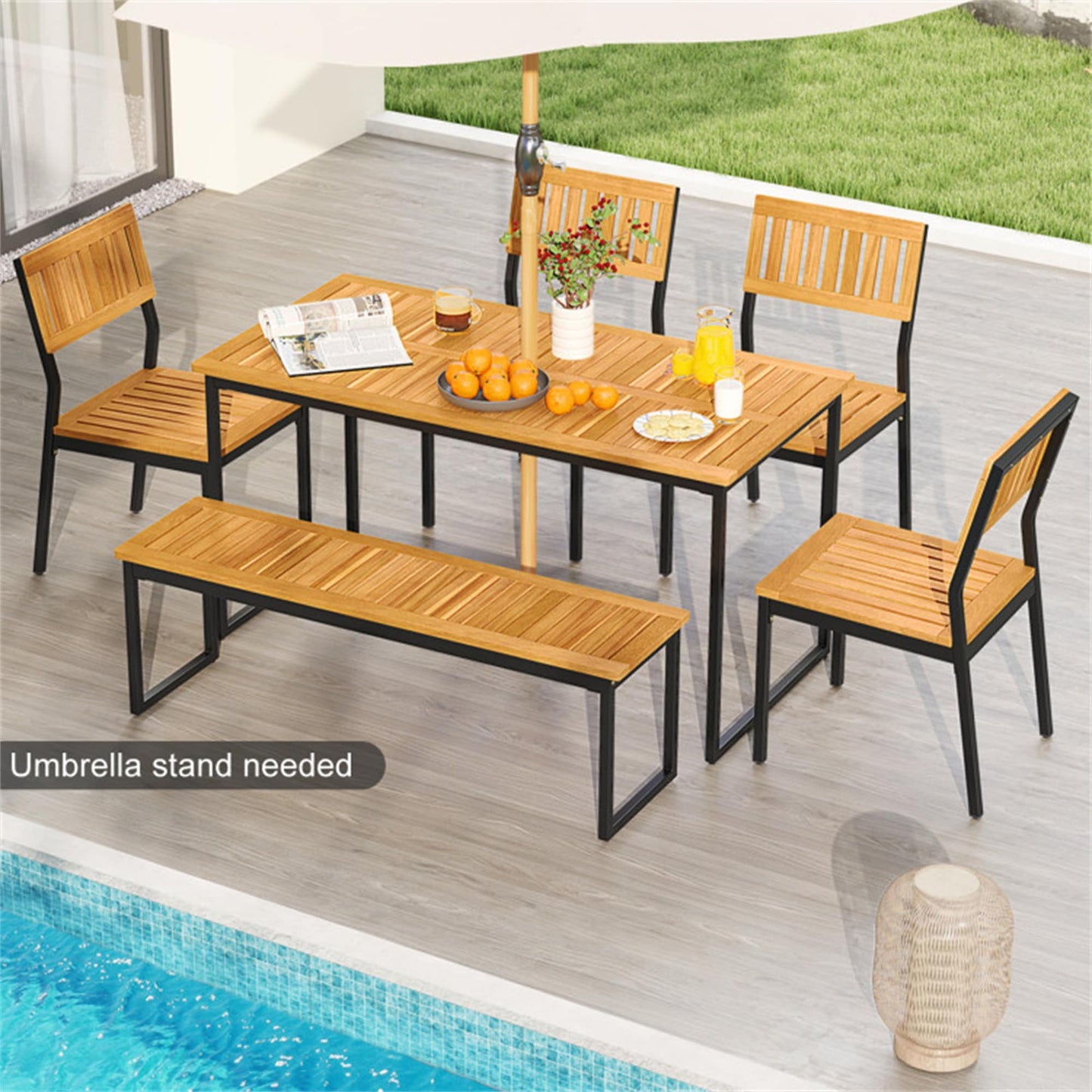 BABOOM Patio Furniture Set 6 -Piece Black Patio Dining Set Wood Rectangle Table with 4 Stationary Chairs