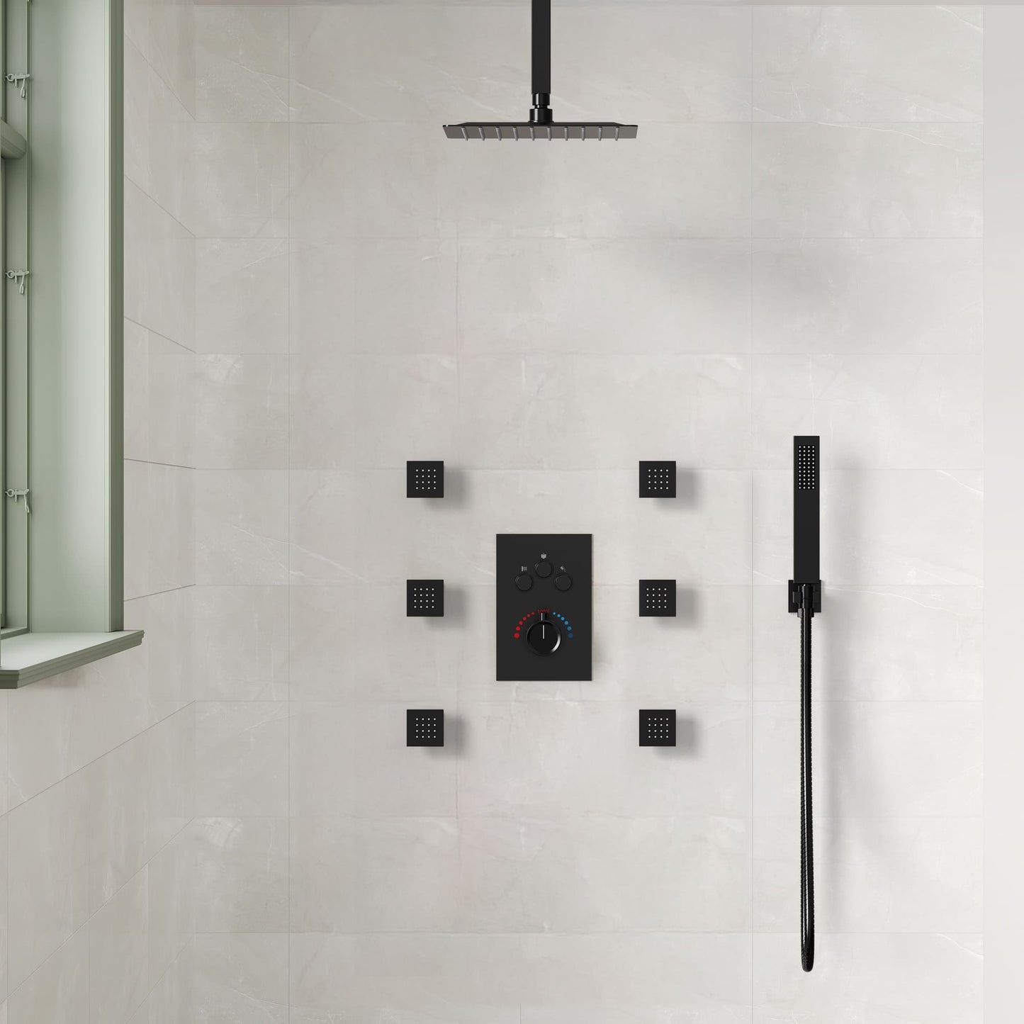 EVERSTEIN 6 in. and 7-Spray 12 in. Thermostatic Wall Bar Shower Systems with Handheld 2.5 GPM in Matte Black(Valve Included)