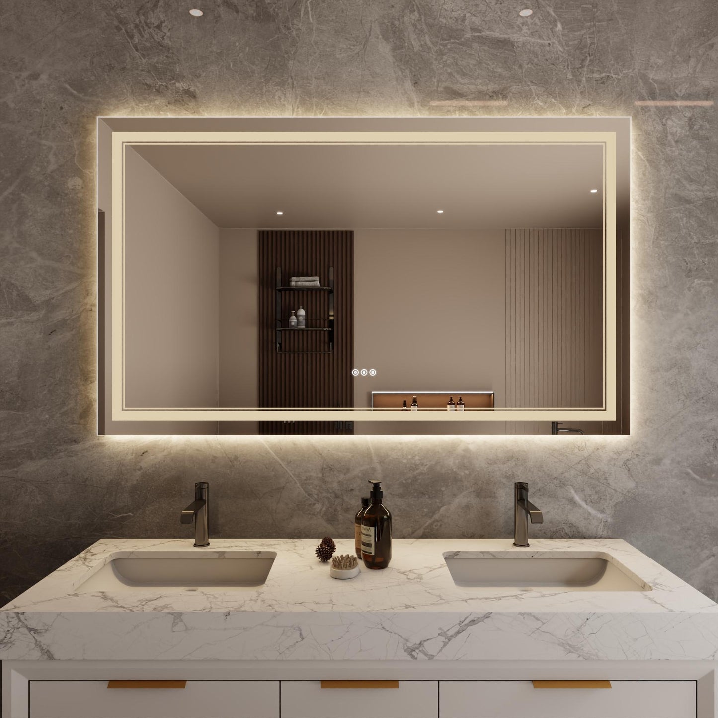 Bayfeve Modern Multifunction LED Bathroom Mirror 60-in x 35.83-in Polished Frameless Rectangle Dimmable LED Lighted Fog Free Bathroom Vanity Mirror ( Silver )