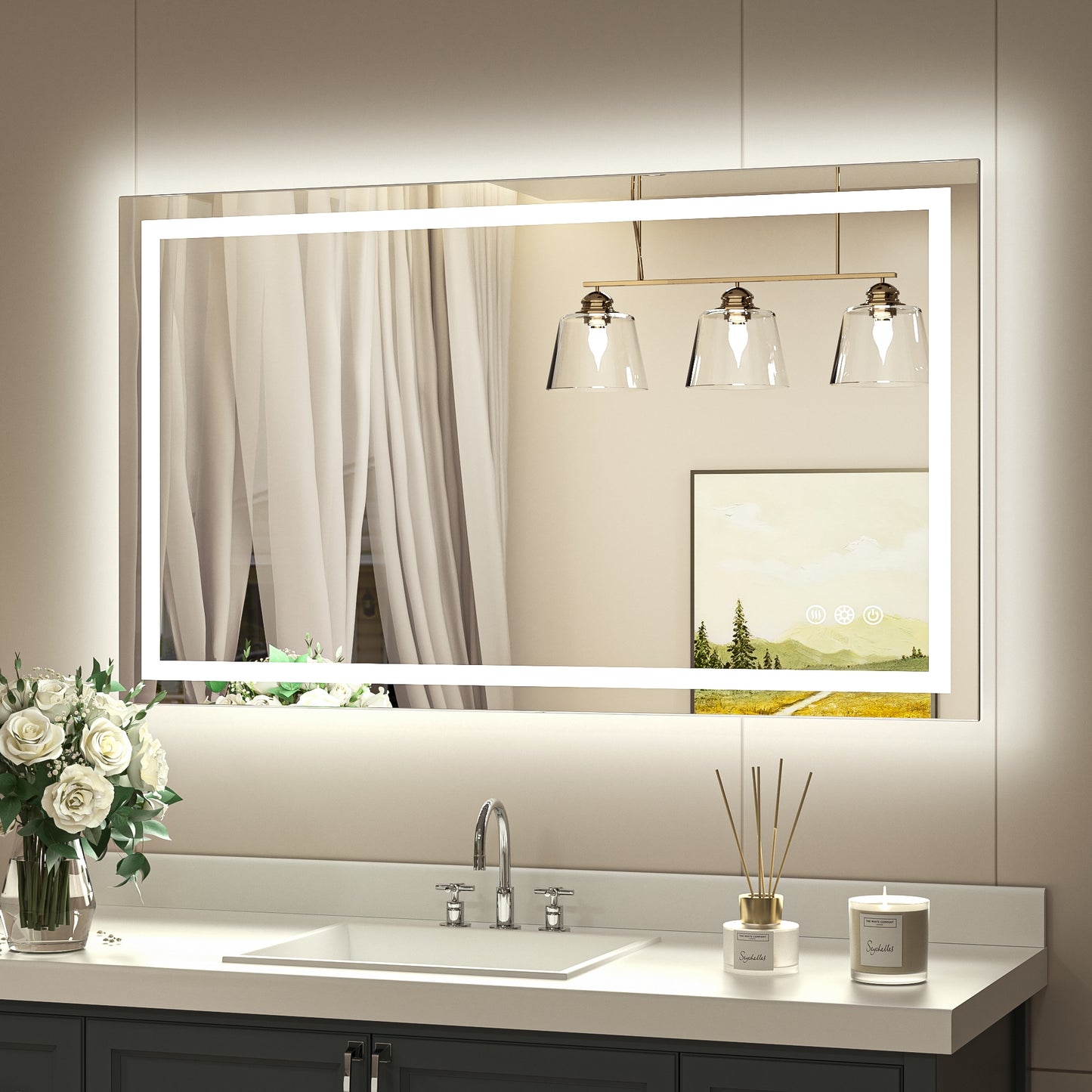 Keonjinn Bathroom Mirrors 40-in x 24-in Polished Frameless Rectangle Dimmable LED Lighted Fog Free Bathroom Vanity Mirror ( Bright White )