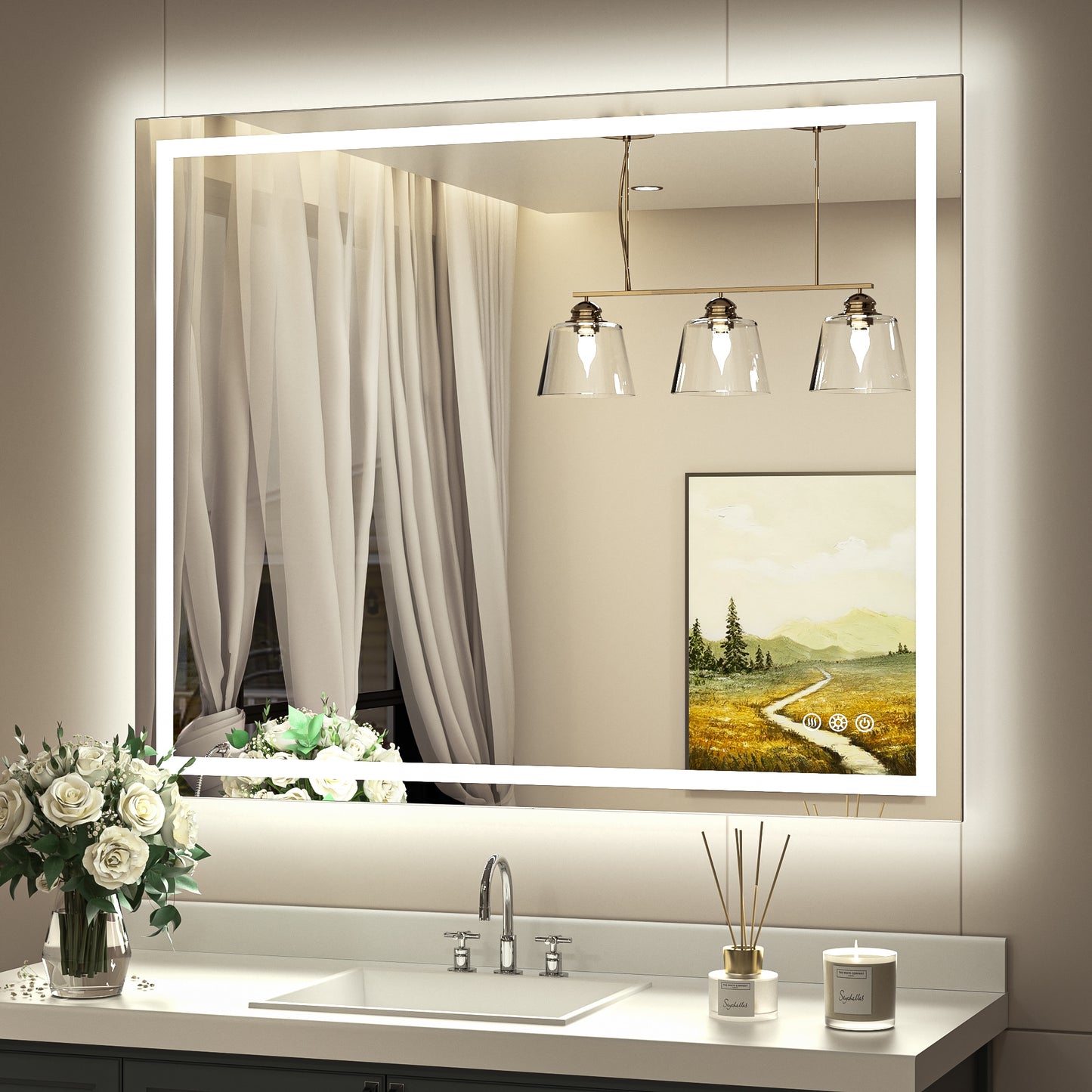 Keonjinn Bathroom Mirrors 42-in x 36-in Polished Frameless Rectangle Dimmable LED Lighted Fog Free Bathroom Vanity Mirror ( Bright White )