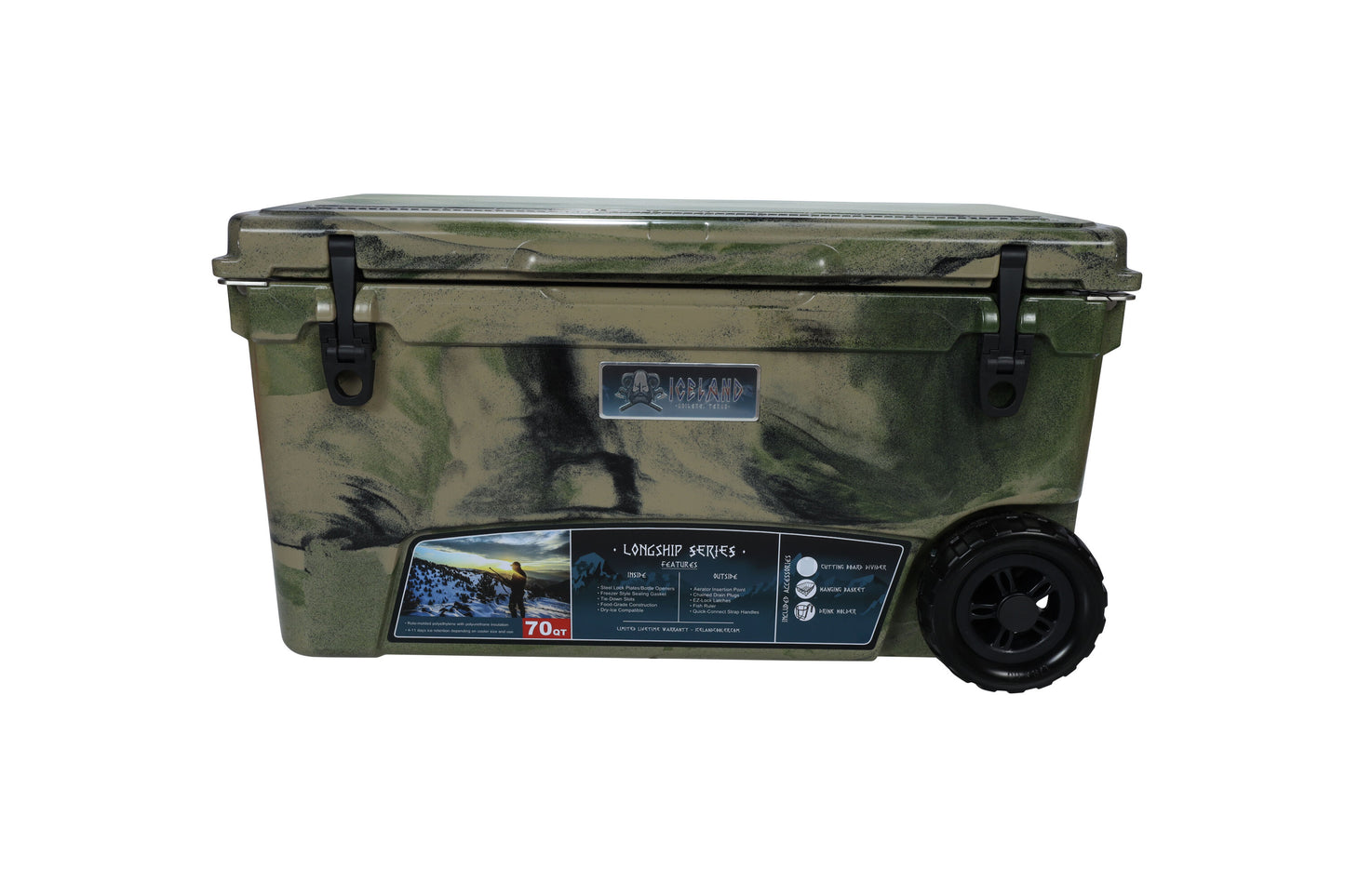 Iceland Coolers Longship Series Woodland Camo 70 Quart(s) Hard rotomolded Insulated Wheeled Chest cooler with Drainage Spout