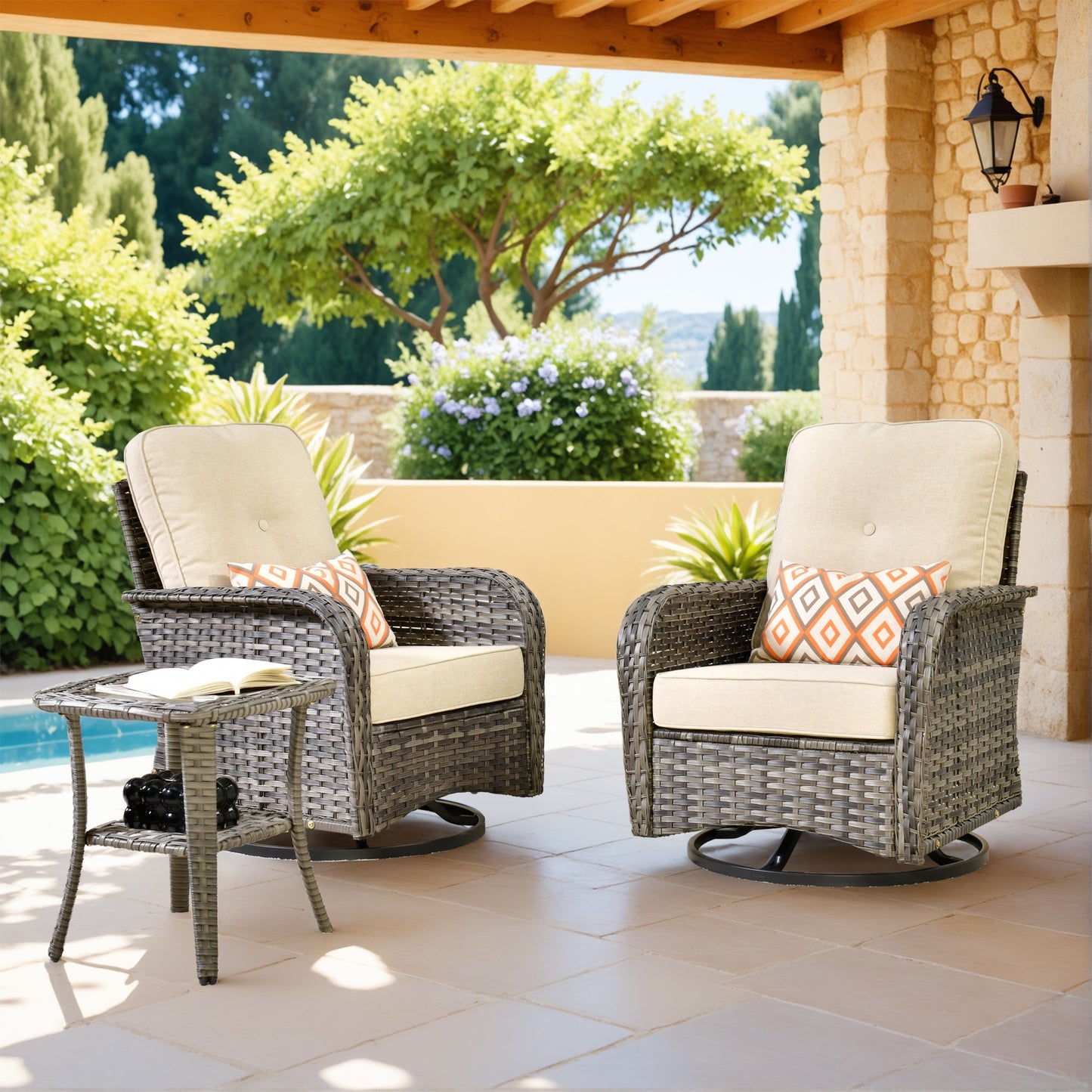 Pouuin Set of 2 Wicker Gray Metal Frame Swivel rocker Rocking Chair with Beige Cushioned Seat