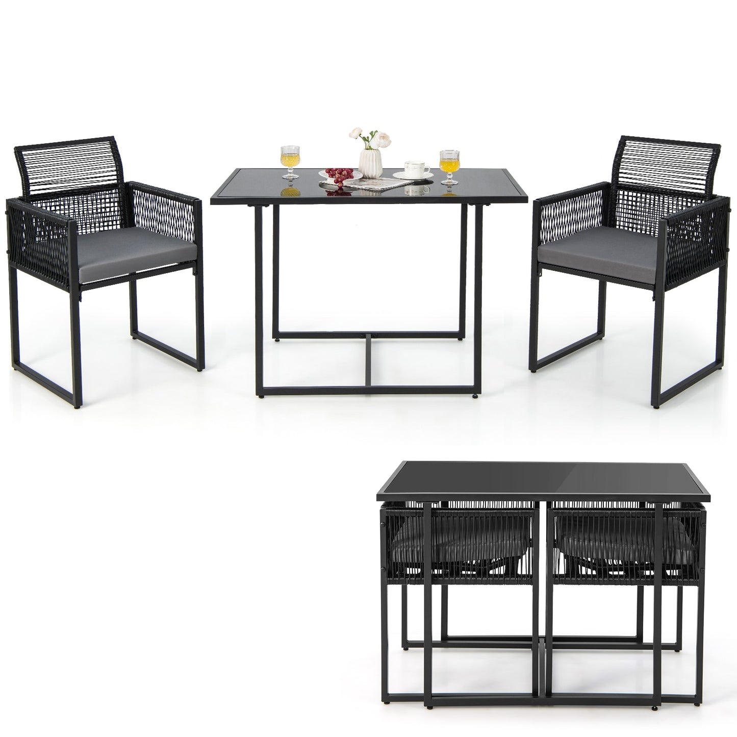 Ayelon Patio Dining Set 3 -Piece Black Patio Dining Set Iron Rectangle Table with 2 Gray Cushions Stationary Chairs